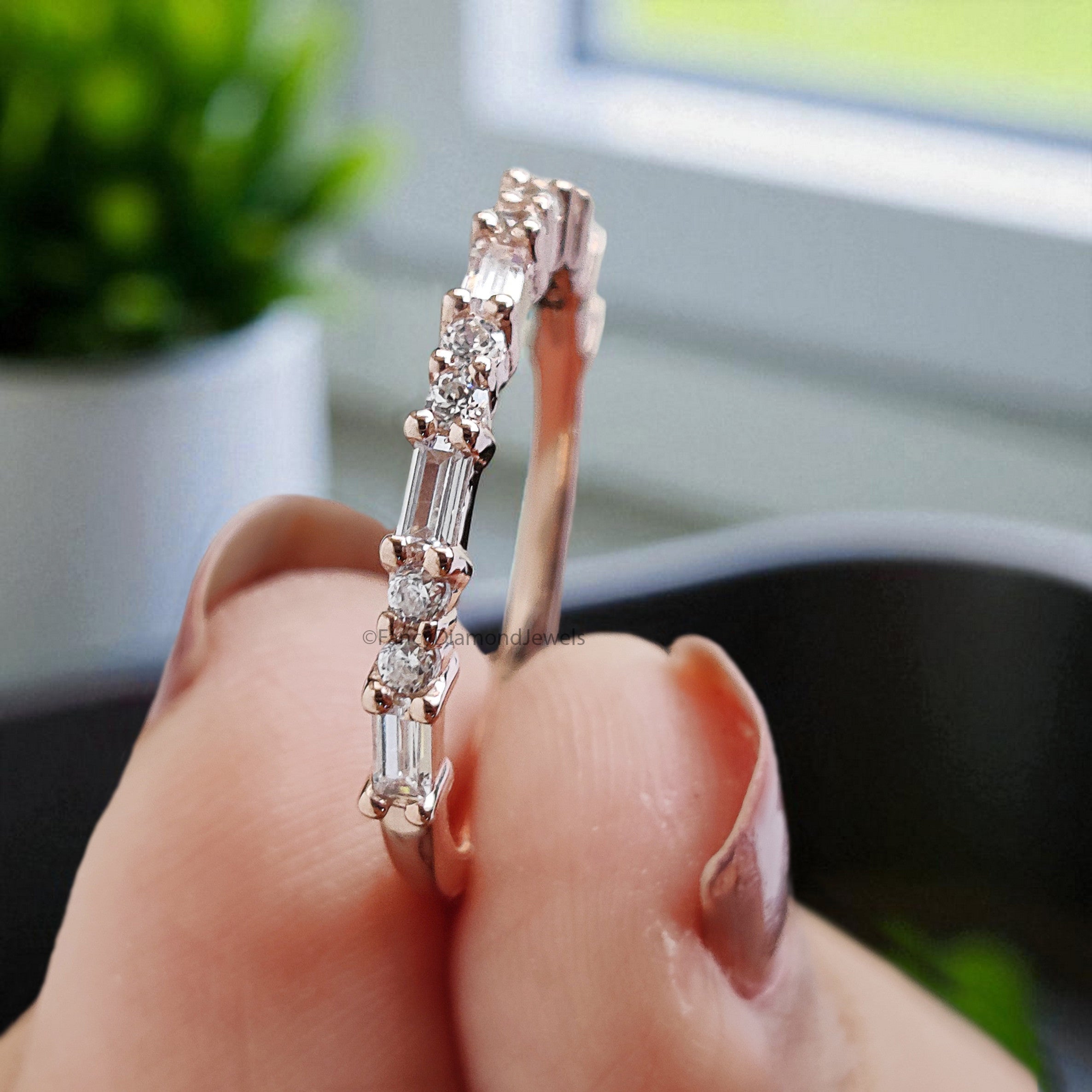 Silver/10K/14K/18K Gold Baguette And Round Diamond Wedding Band Half Eternity Minimalist stacking dainty matching anniversary ring KD1145