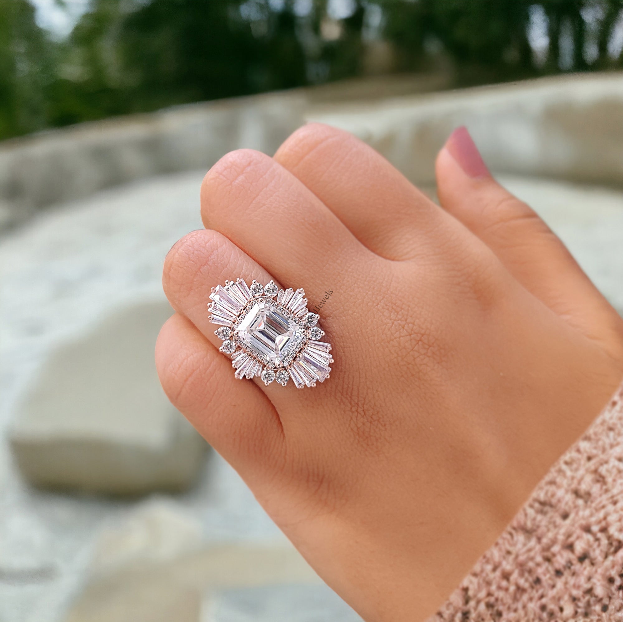 0.95 CT Emerald Cut Moissanite Ring SunBurst Halo Engagement Ring Bridal Wedding Ring Anniversary Gift Ring Valentine's Gift For Women FD257