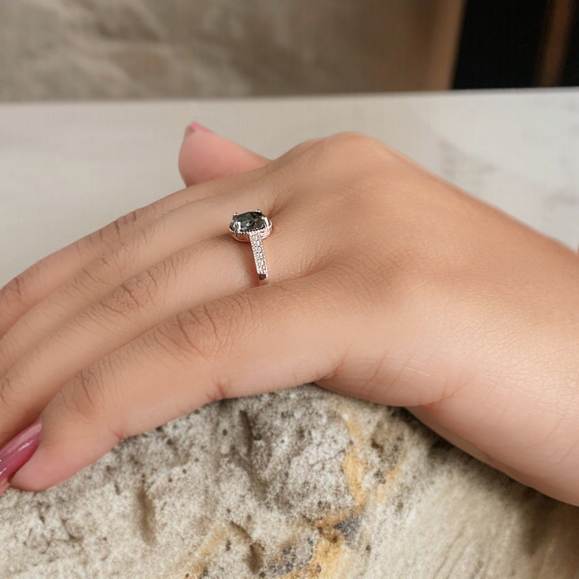 Cushion Shape Brown Color Diamond Ring 1.07 Ct 6.36 MM Cushion Diamond Ring 14K Solid Rose Gold Silver Engagement Ring Gift For Her QL2856