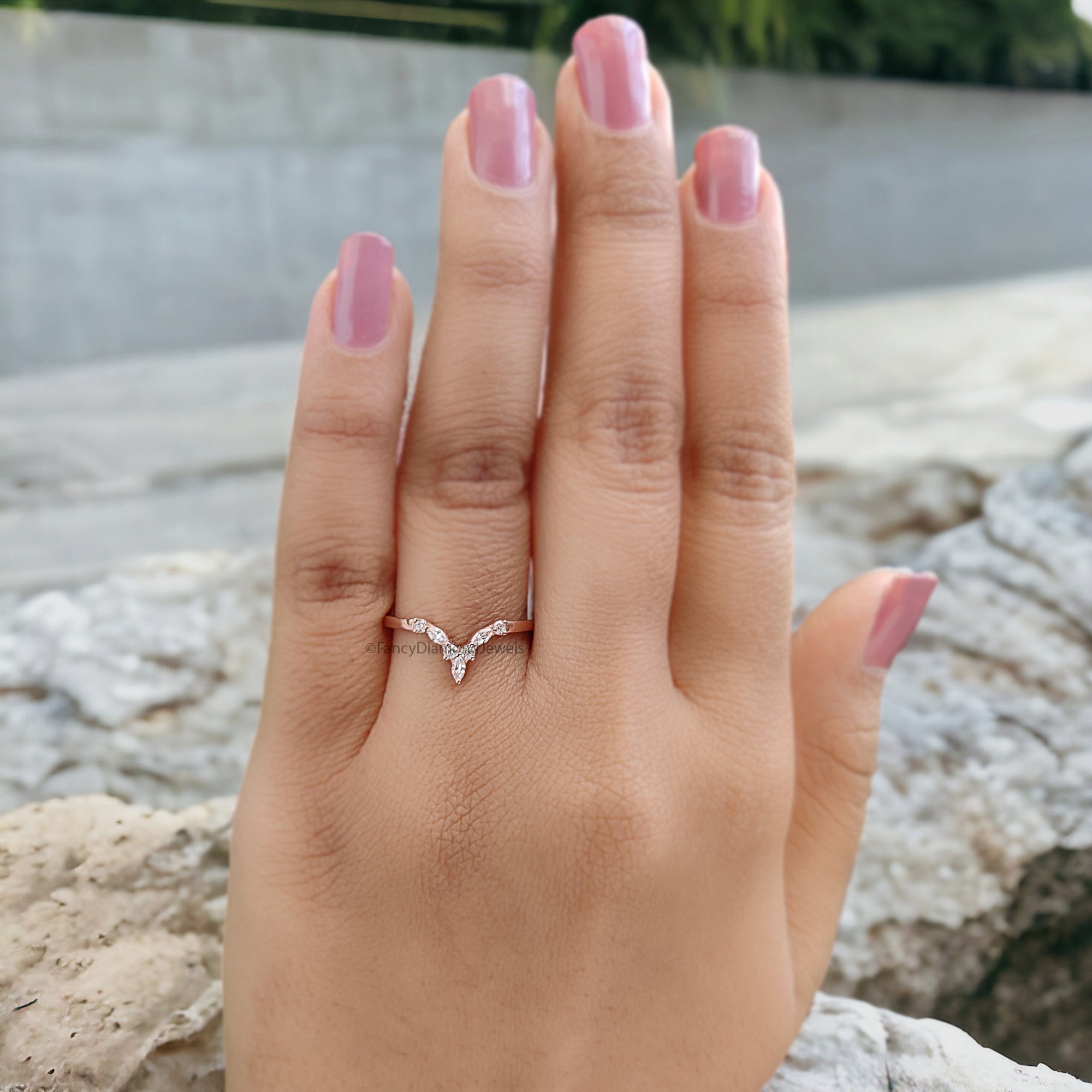 0.22 CT Marquise Moissanite Curved wedding band Antique Stacking Ring matching Ring gift for her 14K Solid Rose Gold Promise Ring FD301