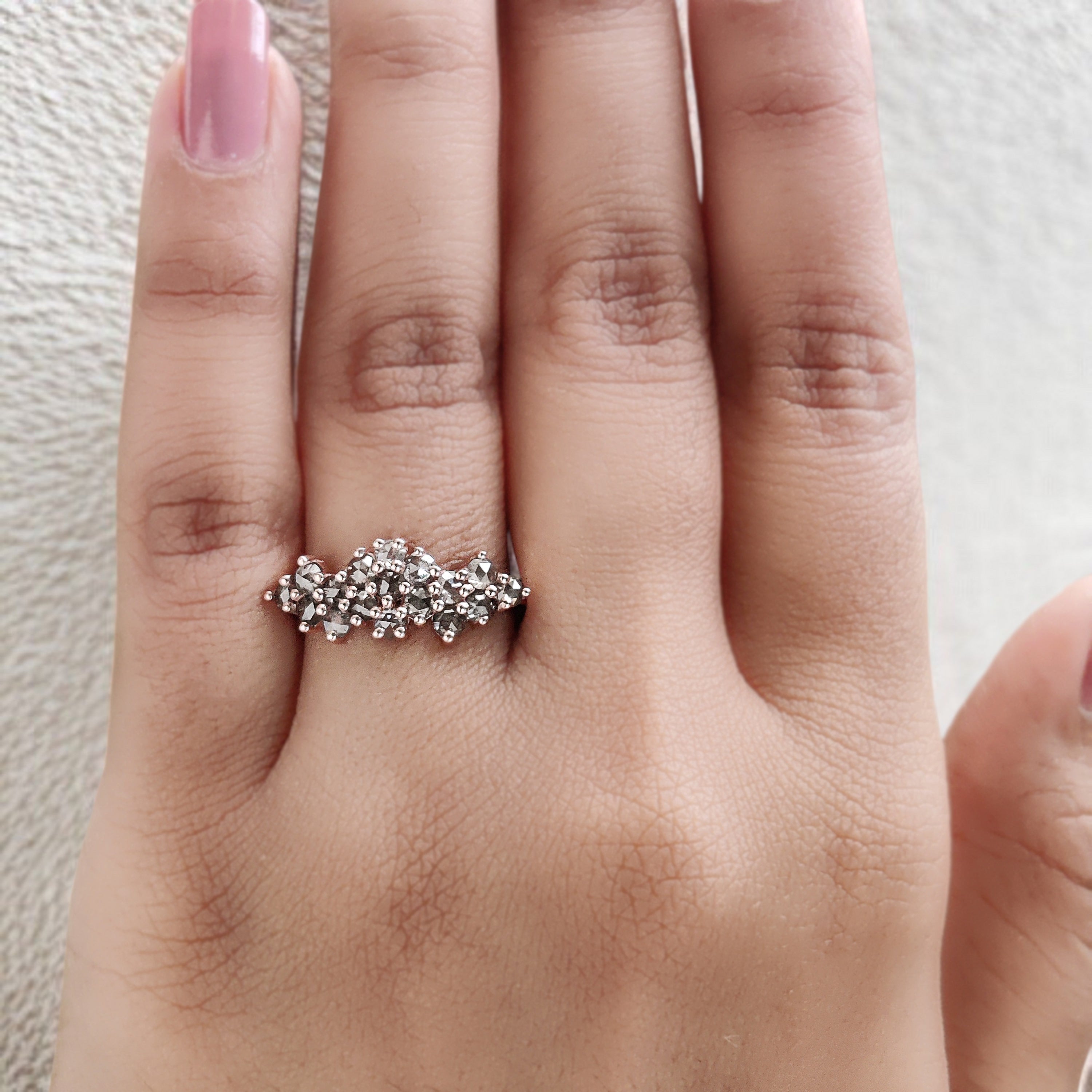 Round Rose Cut Salt And Pepper Diamond Ring 1.09 Ct 2.50 MM Round Diamond Ring 14K Rose Gold Silver Engagement Ring Gift For Her QK1430