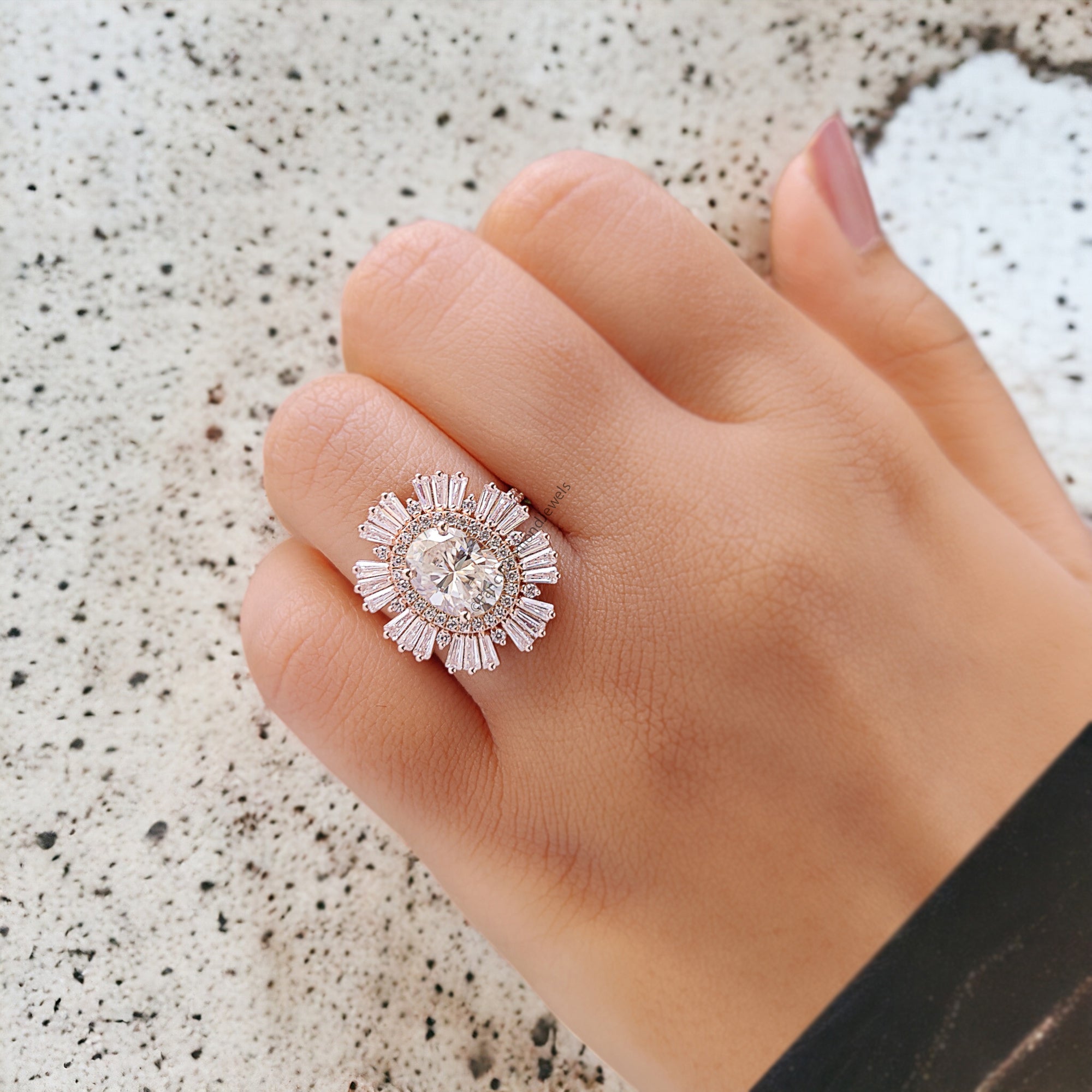 1.70 CT SunBurst Halo Oval Cut Moissanite Engagement Ring Rose Gold Ring vintage Unique Oval Diamond Ring Women Wedding Bridal Ring FD259