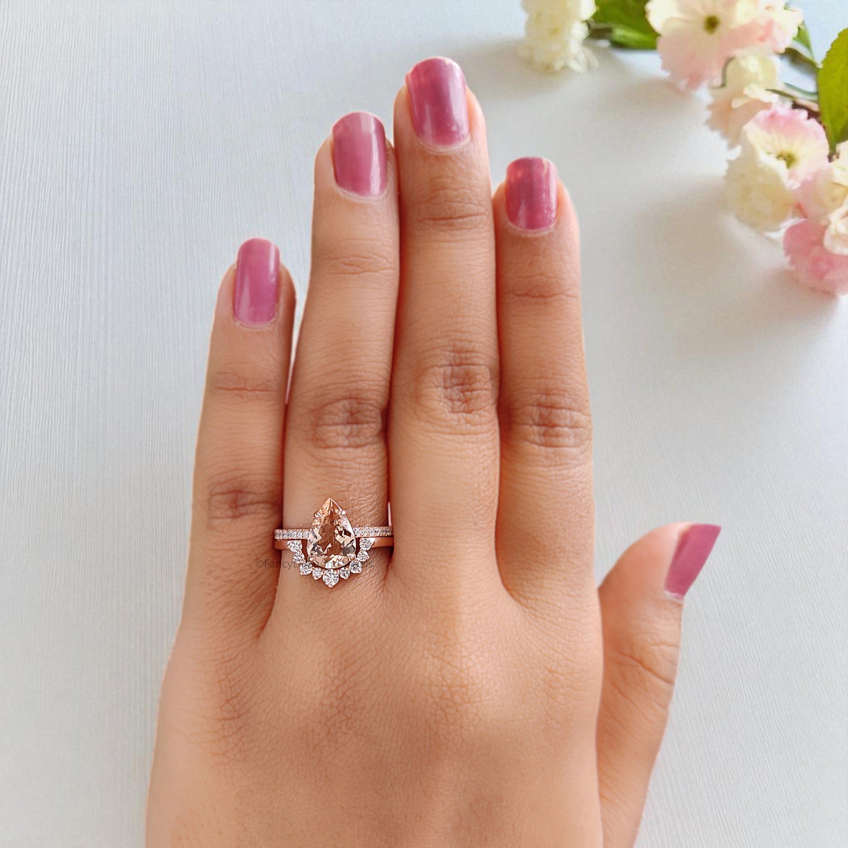 1.45 CT Pear Cut Natural Morganite Engagement Ring Set Rose Gold Ring Morganite Curved Wedding Ring Unique Vintage Ring Gift For Her FD447