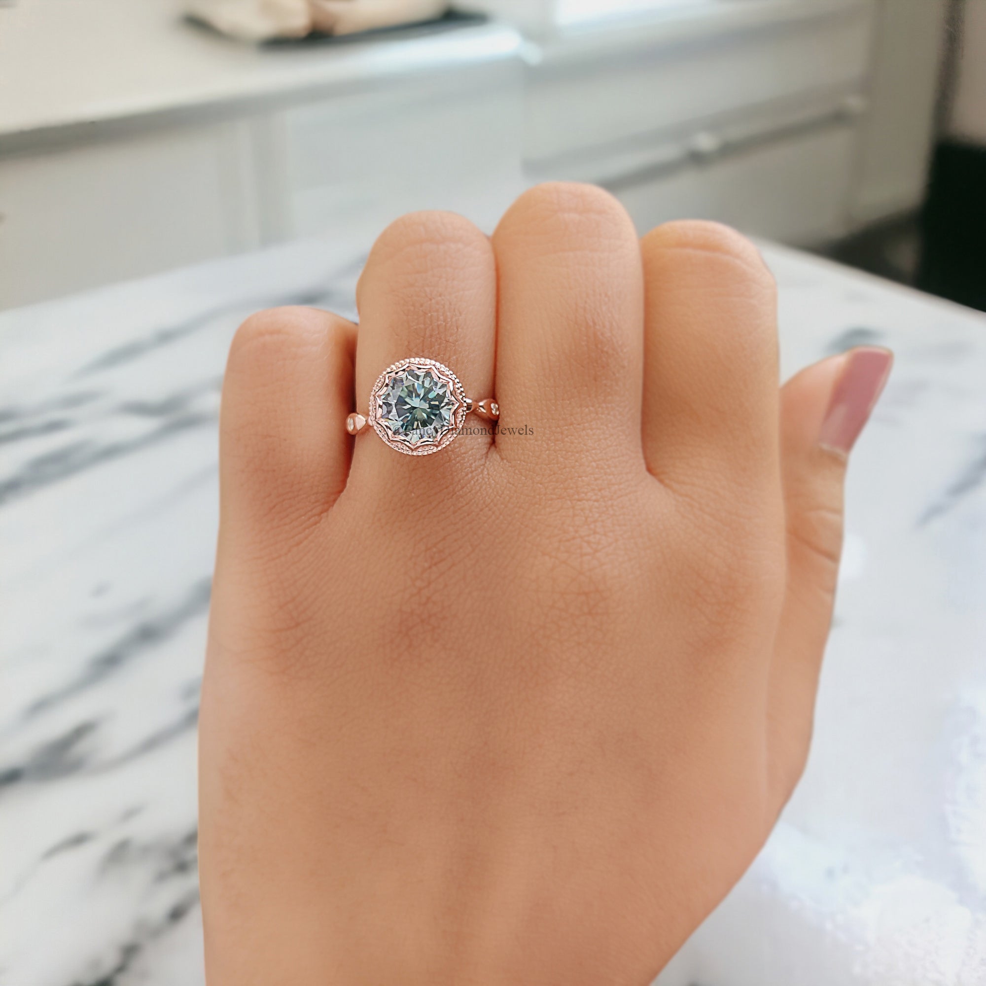 Round Cut Blue Moissanite Engagement Wedding Ring 14K Solid Gold Anniversary Ring Proposal Bezel Ring Authentic Moissanite Ring FD268