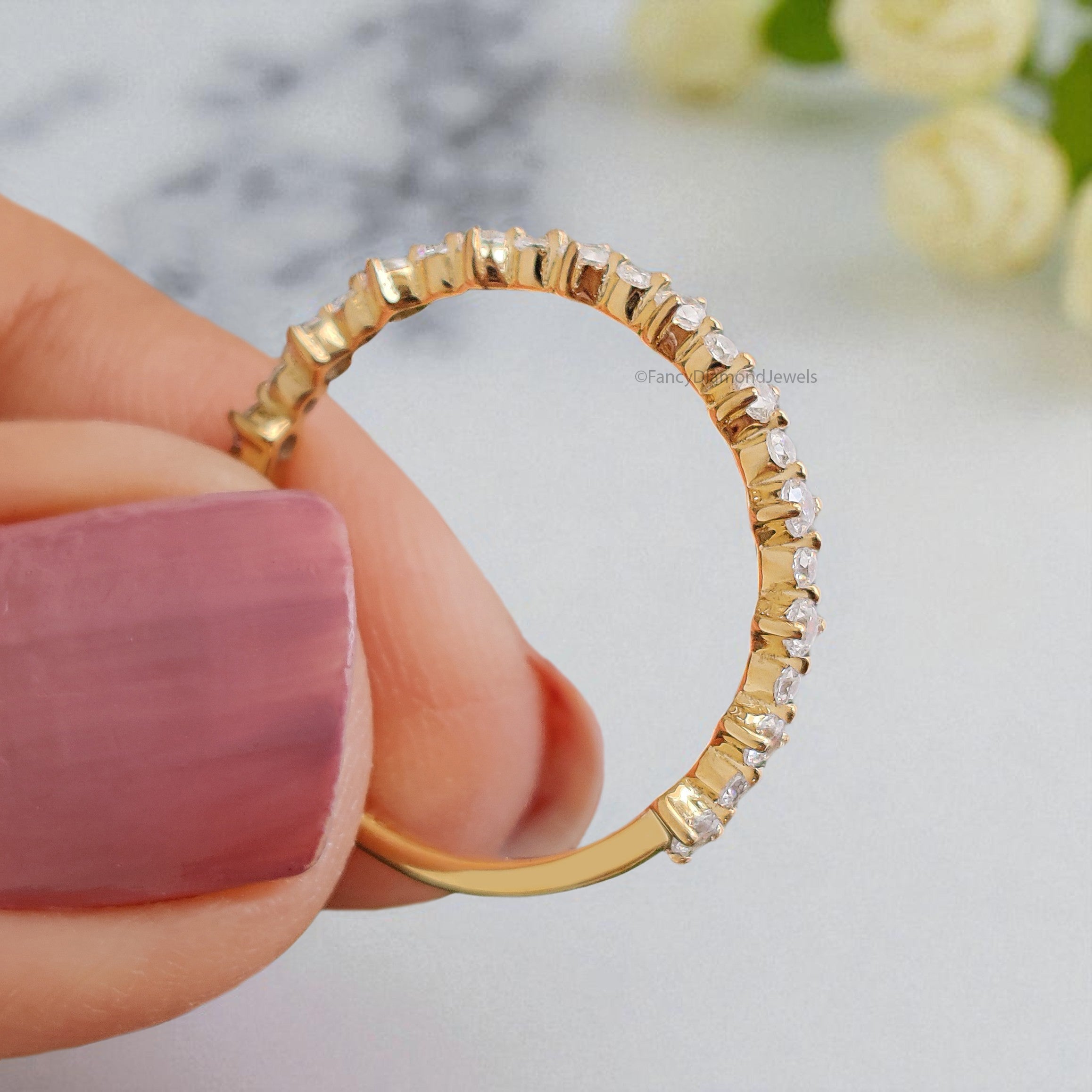 Natural White Diamond Wedding Band Half Eternity Minimalist Ring Silver/10K/14K/18K Gold stacking dainty matching anniversary Ring KD927