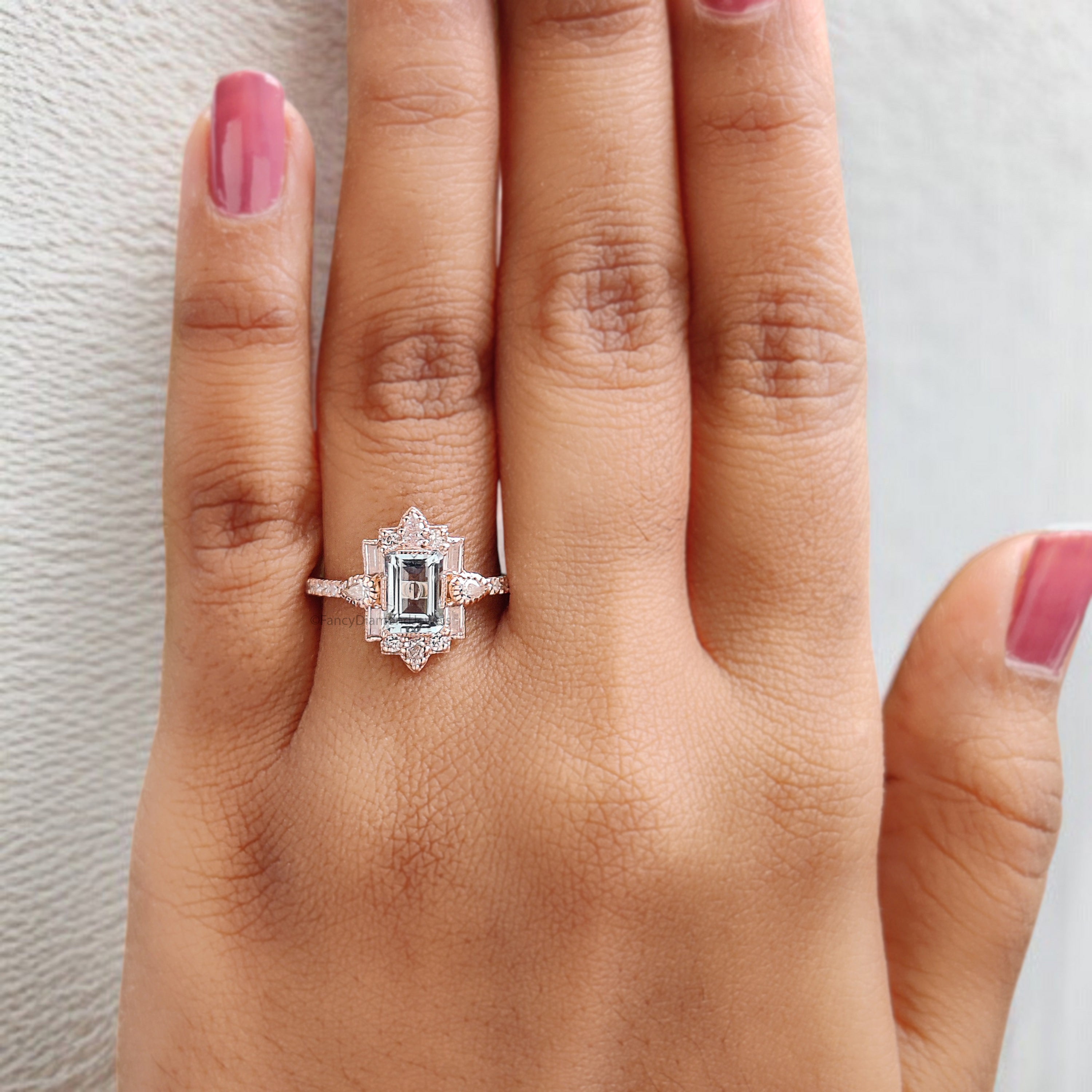 Emerald Cut Natural Aquamarine Engagement Ring Baguette wedding ring Unique art deco ring Pear halo ring Starburst ring Gift For Her FD385