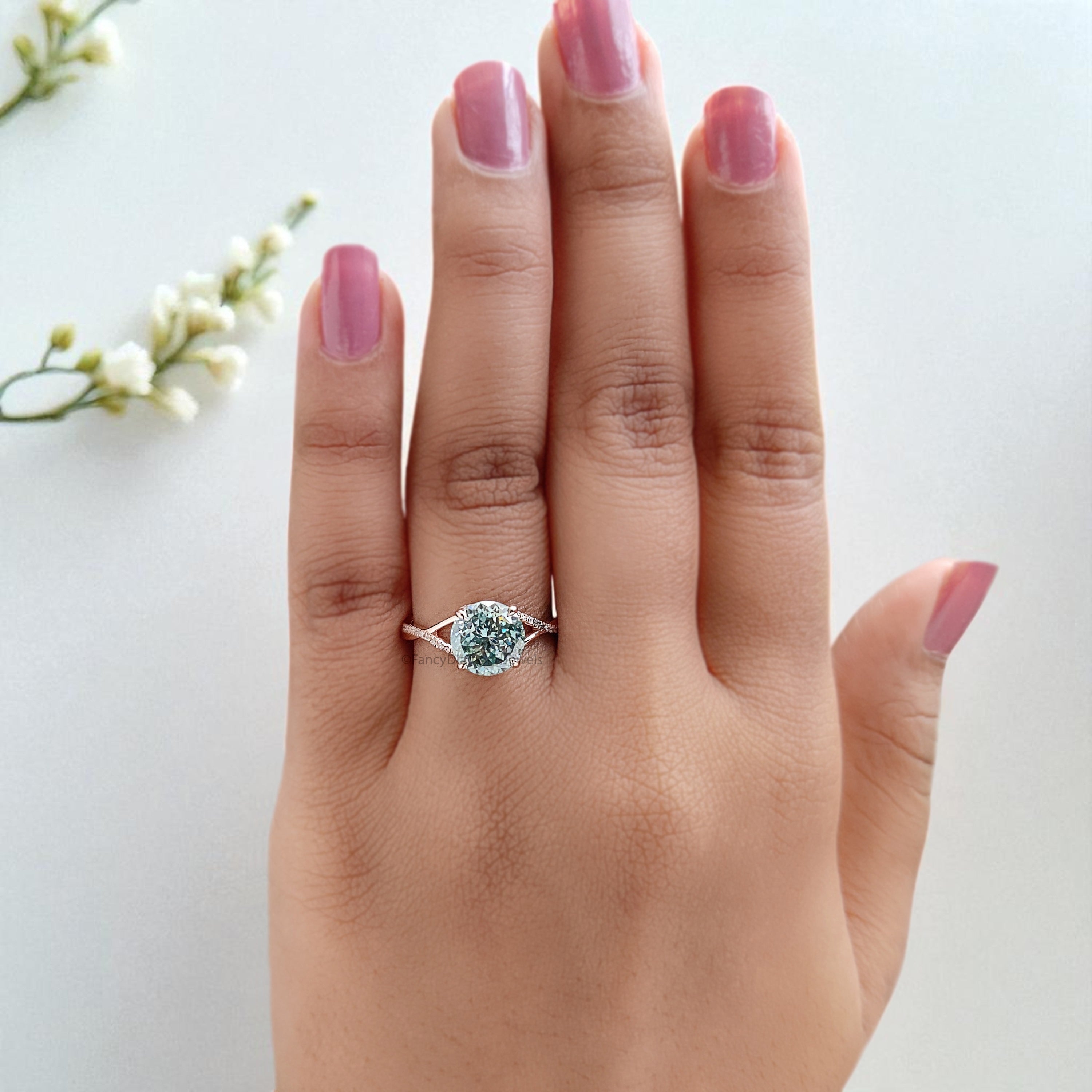 Round Portuguese Cut Aqua Blue Green Moissanite Engagement Ring Rose Gold Ring Vintage Ring Crossover Band Wedding Ring Gift For Her FD419