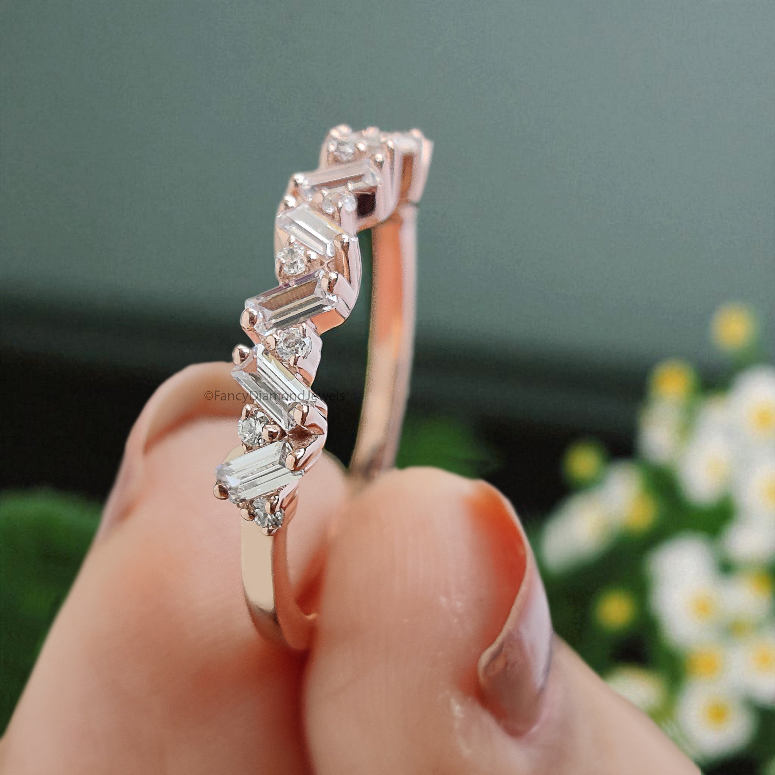 Baguette And Round Diamond Wedding Band Silver/10K/14K/18K Gold Half Eternity Minimalist stacking dainty matching anniversary ring KD892