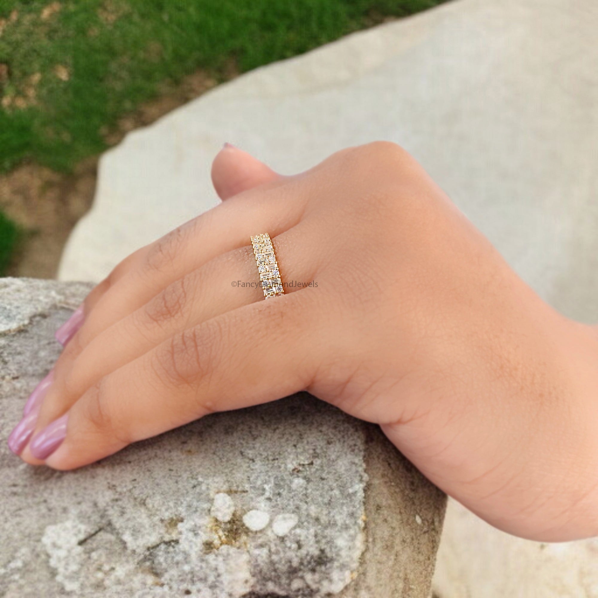 1.10 CT Baguette & Round Cut Moissanite Full Eternity Band Unique Wedding Band Anniversary Gift For Women Yellow Gold Stacking Band FD319