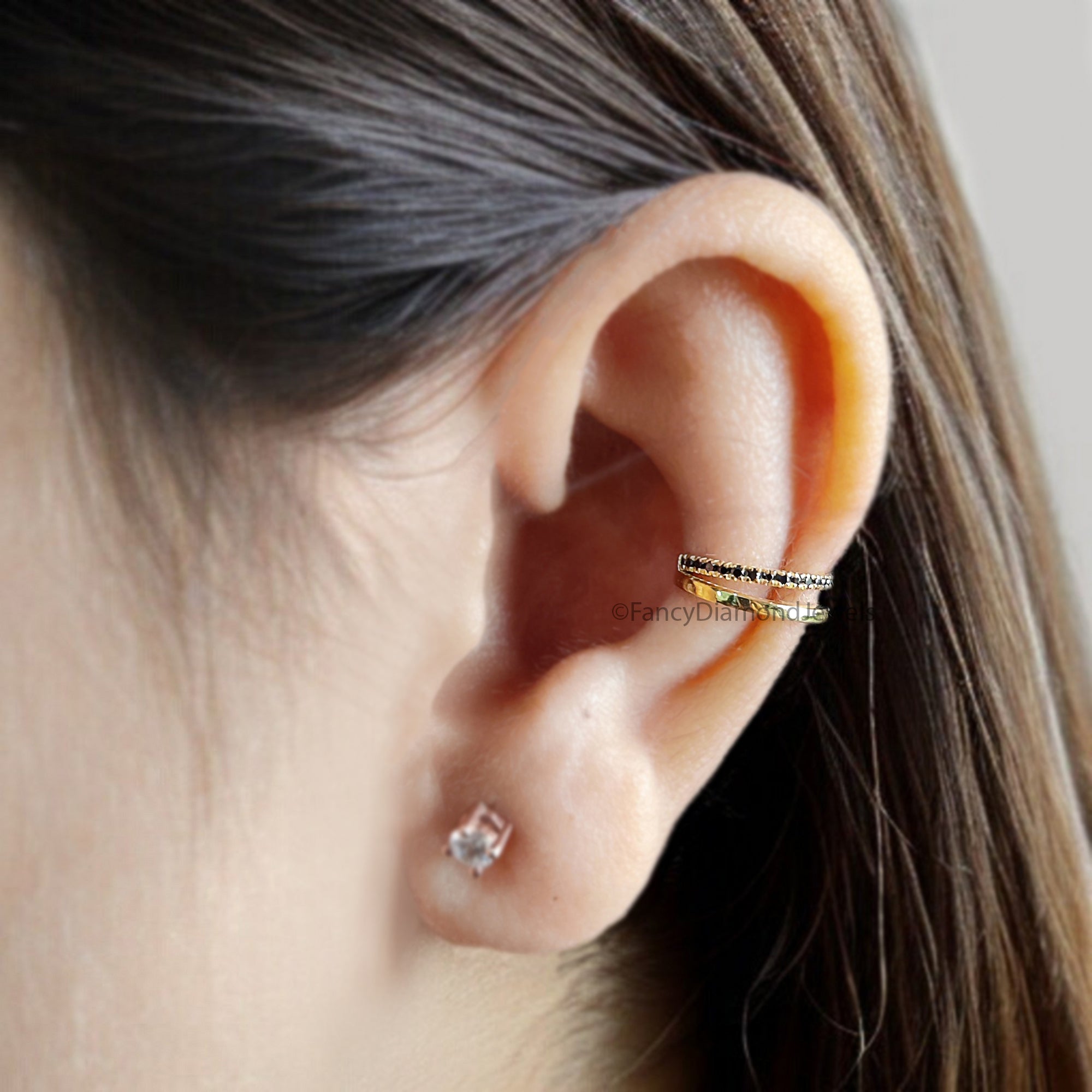 Round Brilliant Cut Black Color Diamond Ear Cuff Double Band Ear Cuff Dainty Ear Cuff Black Diamond Simulant Cuff Yellow Gold Ear Wrap FD354