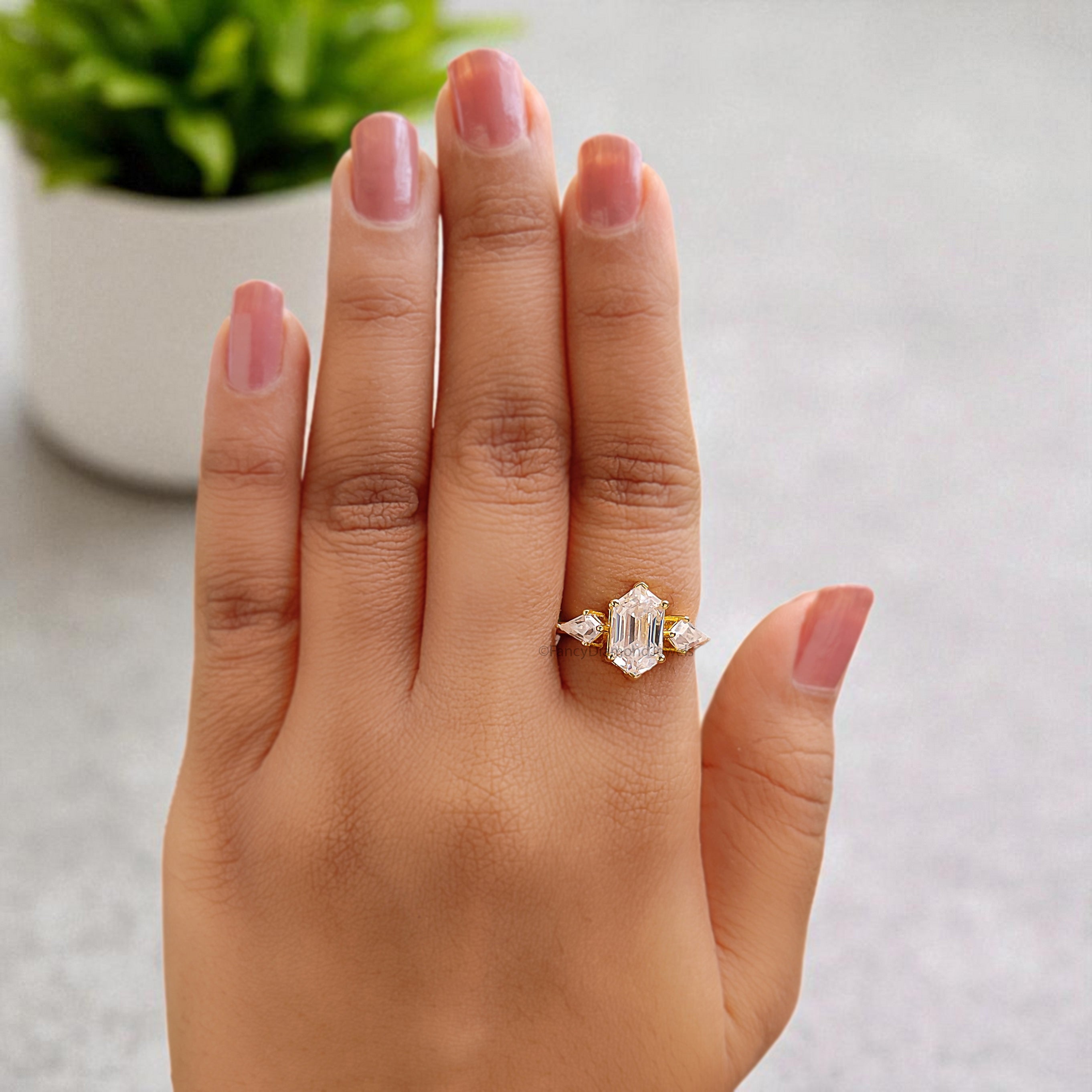 4.55 CT Hexagon Cut Simulated Diamond Engagement Ring 3 Stone Ring Yellow Gold Ring Anniversary Ring Simulant ring Gift For Her FD395