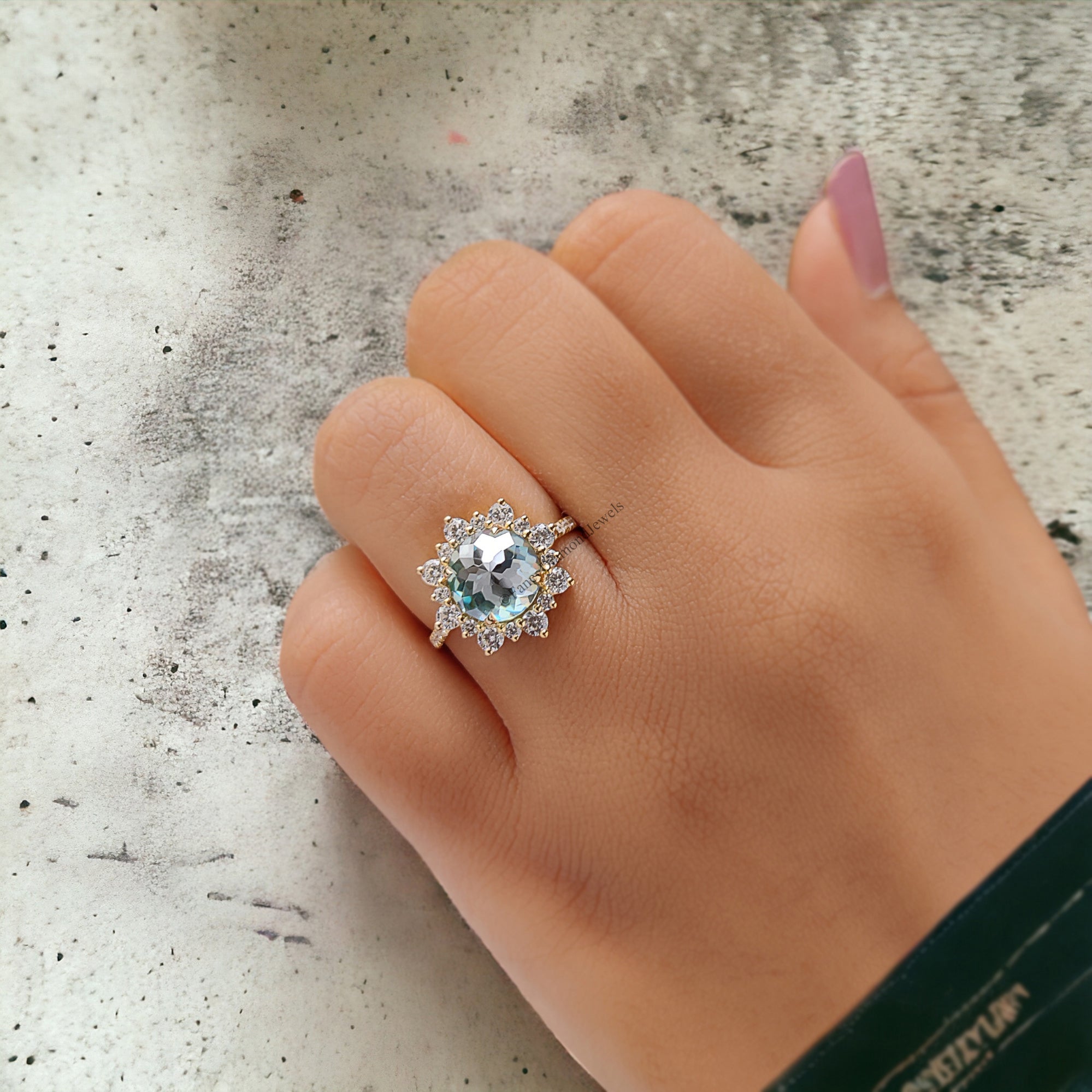 Antique 2.70 CT Round Rose Cut Blue Moissanite Engagement Ring Cluster Wedding Ring Anniversary Gift Promise Ring Unique Ring FD256