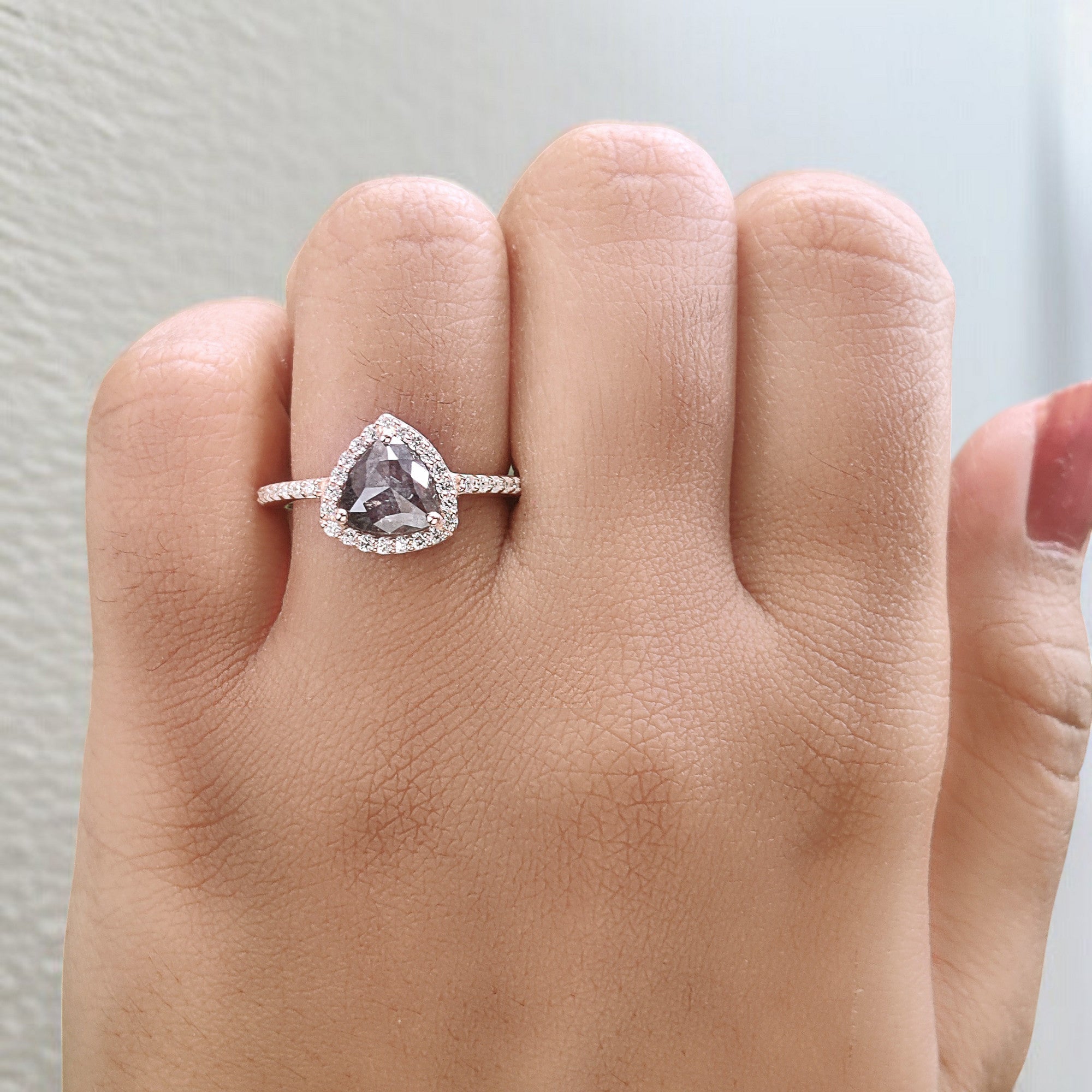 Triangle Salt And Pepper Diamond Ring 1.12 Ct 7.45 MM Triangle Diamond Ring 14K Solid Rose Gold Silver Engagement Ring Gift For Her QL2923