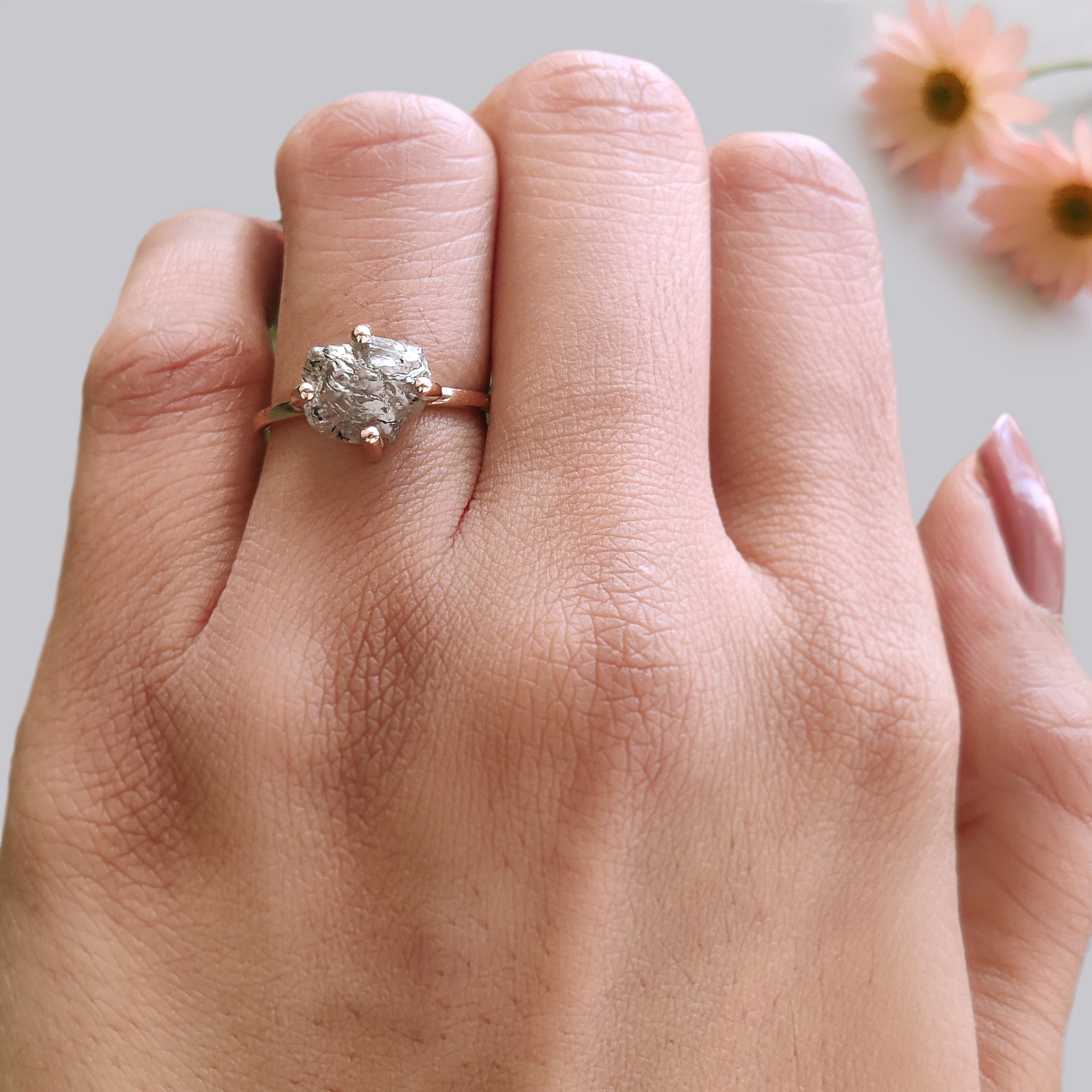 Raw Brown Diamond Ring 9.70 MM, 2.79 Carat Natural Rough Cut Diamond, 14K Rose Gold Engagement Ring, Conflict Free Uncut Diamond KDL9030