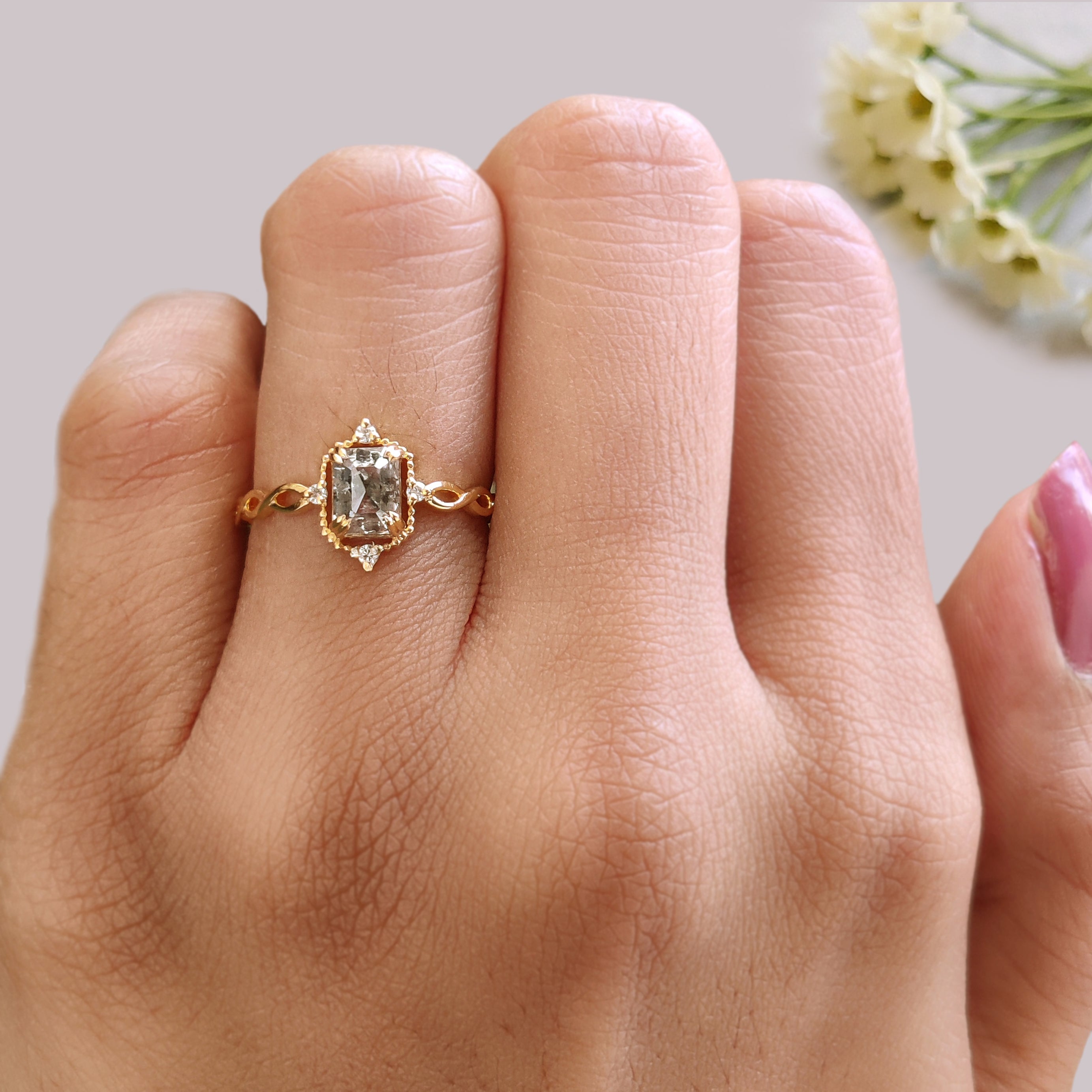 Emerald Salt And Pepper Diamond Ring 0.94 Ct 5.88 MM Emerald Diamond Ring 14K Solid Yellow Gold Silver Engagement Ring Gift For Her KDL9559