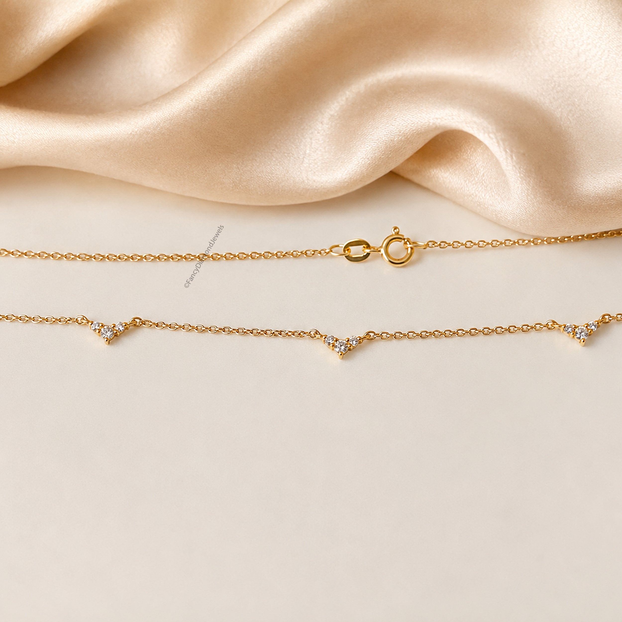 18K Solid Gold Diamond Triangle Cluster Necklace, Adjustable Station Chain Lab Grown Diamond, Gold Attached Diamond Solitaire Necklace FD566