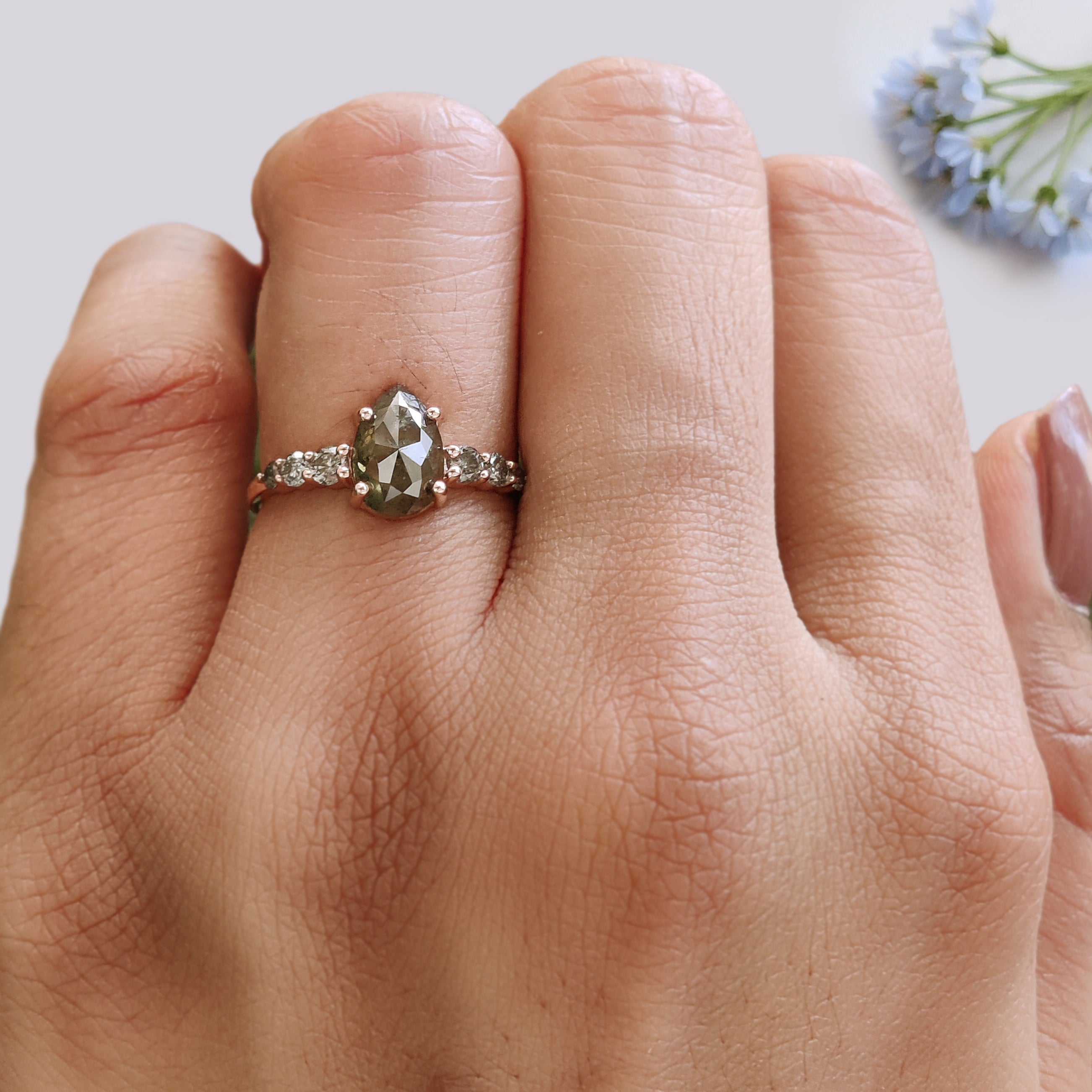 Pear Shape Green Diamond Ring, Rustic Diamond Engagement Ring, 14K Rose Gold Minimalist Ring, Unique Bridal Jewelry, Gift for Her KDK2608