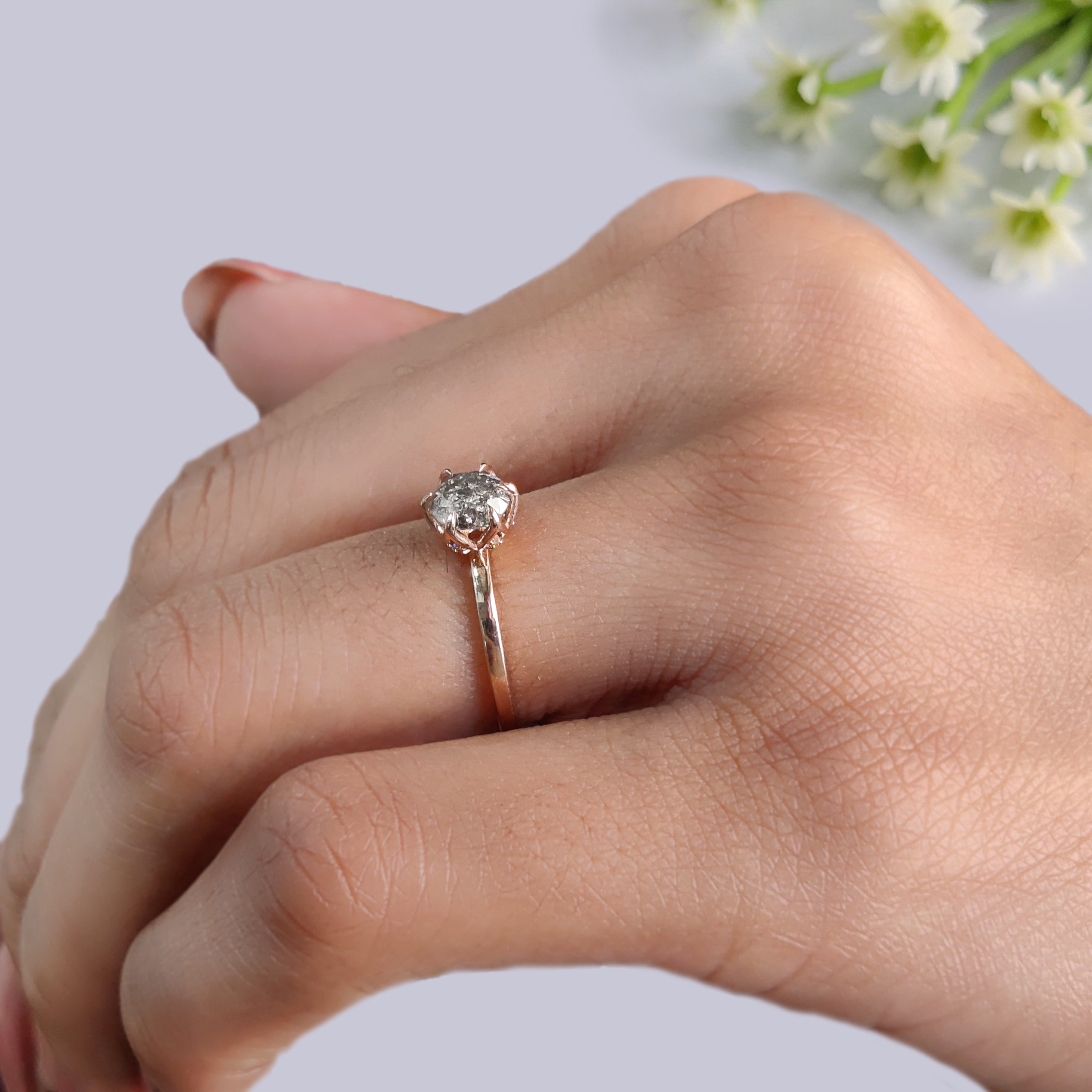 0.65 Ct Natural Round Shape Salt And Pepper Diamond Ring 5.37 MM Round Cut Diamond Ring 14K Solid Rose Gold Silver Engagement Ring KDL3486
