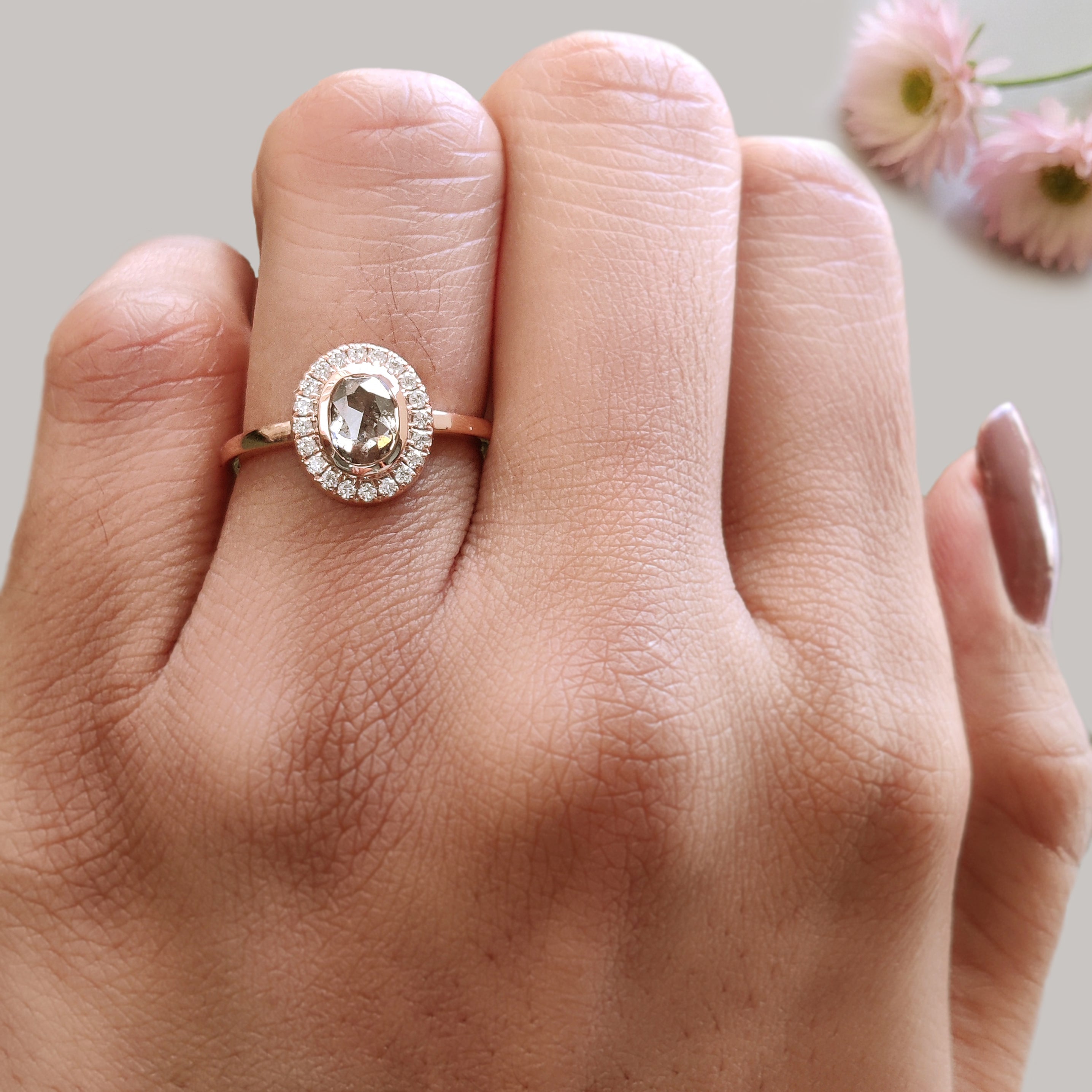 Oval Cut Salt And Pepper Diamond Ring 0.79 Ct 6.35 MM Oval Diamond Ring 14K Solid Rose Gold Silver Oval Engagement Ring Gift For Her KDL1476