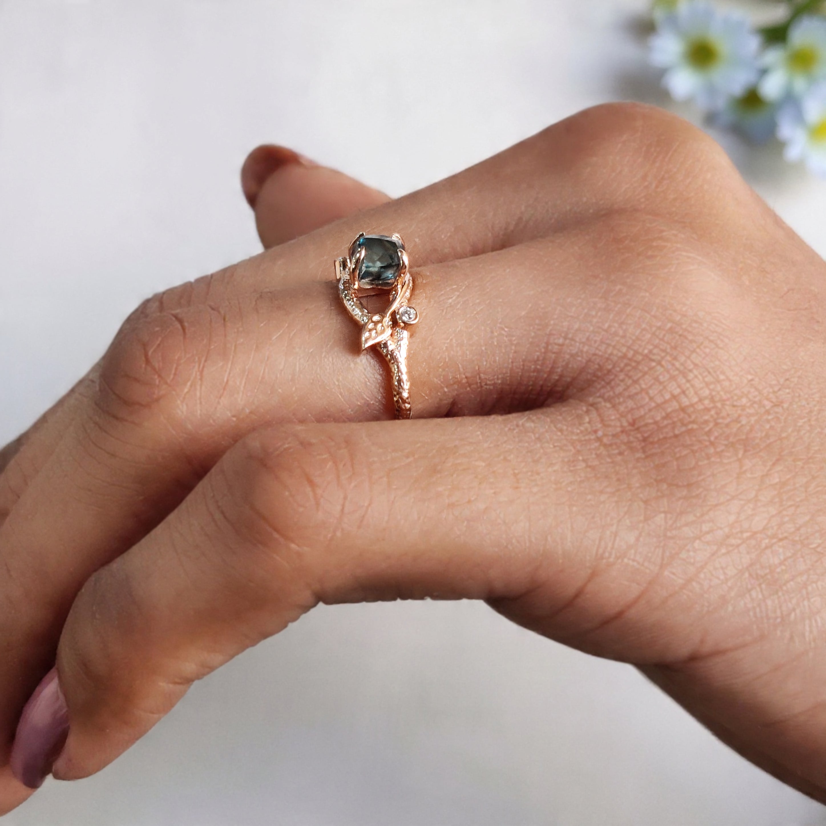 Rough Blue Color Diamond Ring 0.81 Ct 5.45 MM Crystal Rough Diamond Ring 14K Solid Rose Gold Silver Engagement Ring Gift For Her QL2228