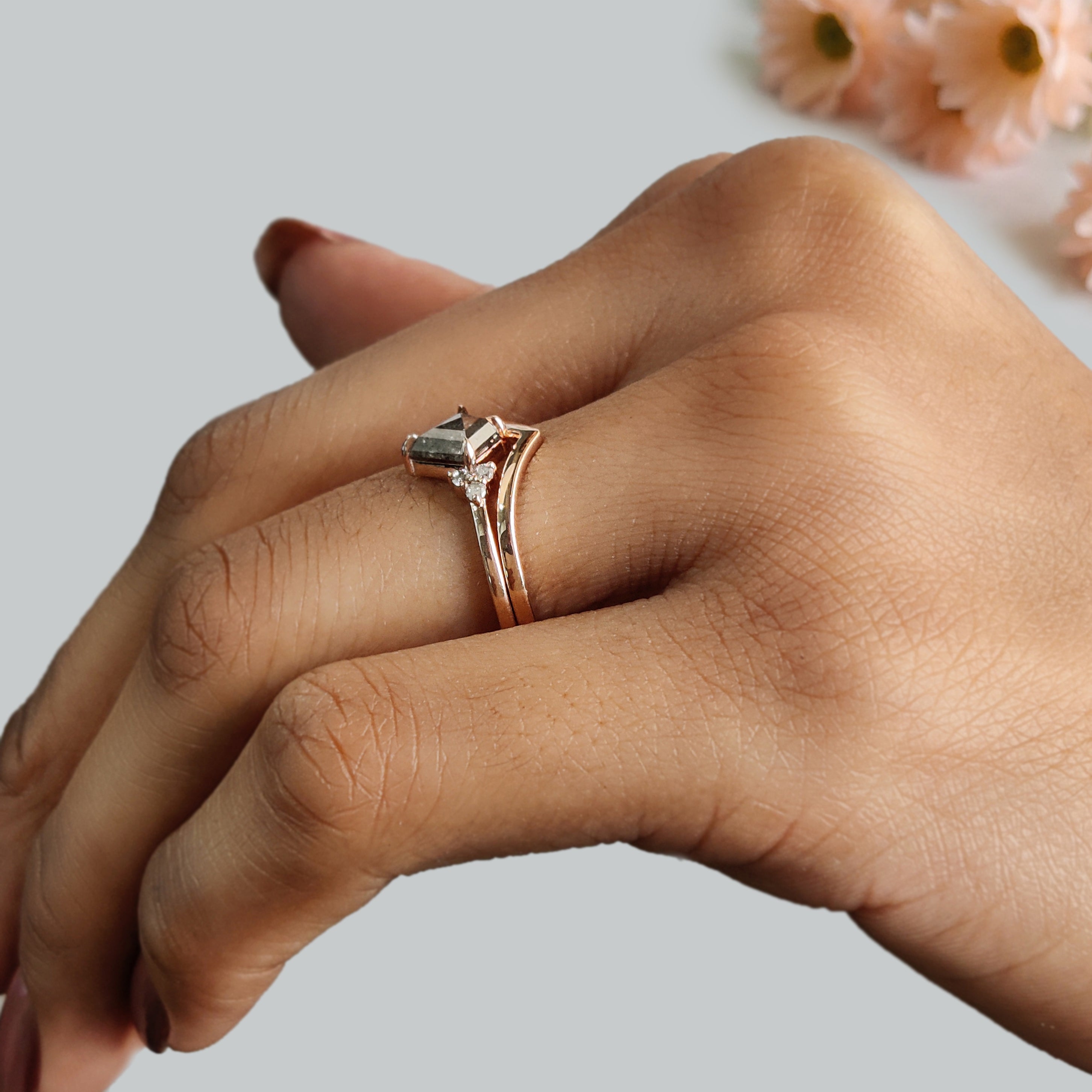 Kite Cut Salt And Pepper Diamond Ring 0.60 Ct 7.20 MM Kite Diamond Ring 14K Solid Rose Gold Silver Engagement Ring Set Gift For Her KDN2095