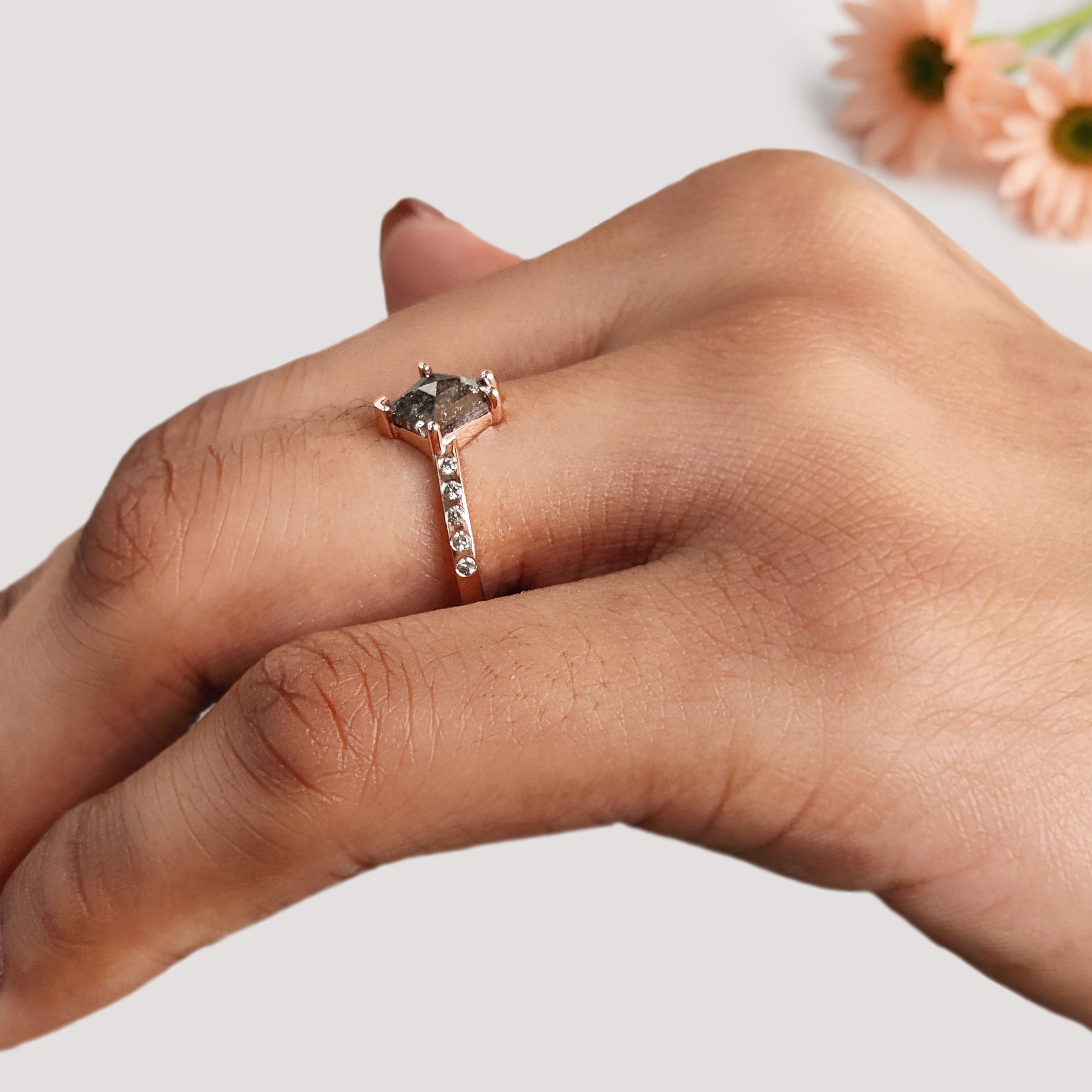 Pentagon Salt and Pepper Diamond Engagement Ring, 14K Rose Gold Ring, Unique Geometric Diamond Ring, Minimalist Fine Jewelry Gift KDL601