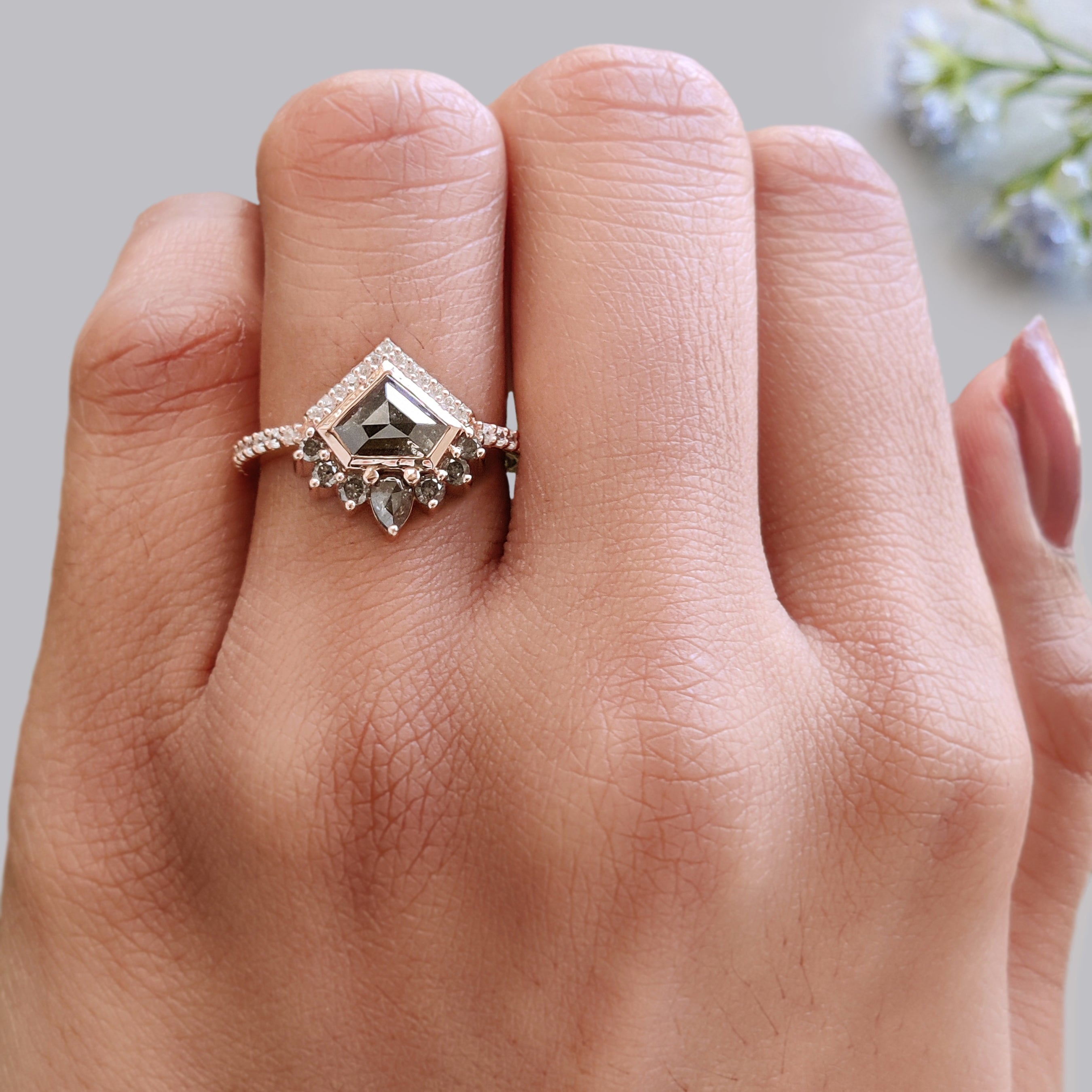 0.90 Ct Natural Shield Shape Salt And Pepper Diamond Ring 5.55 MM Shield Cut Diamond Ring 14K Solid Rose Gold Silver Engagement Ring KDN767