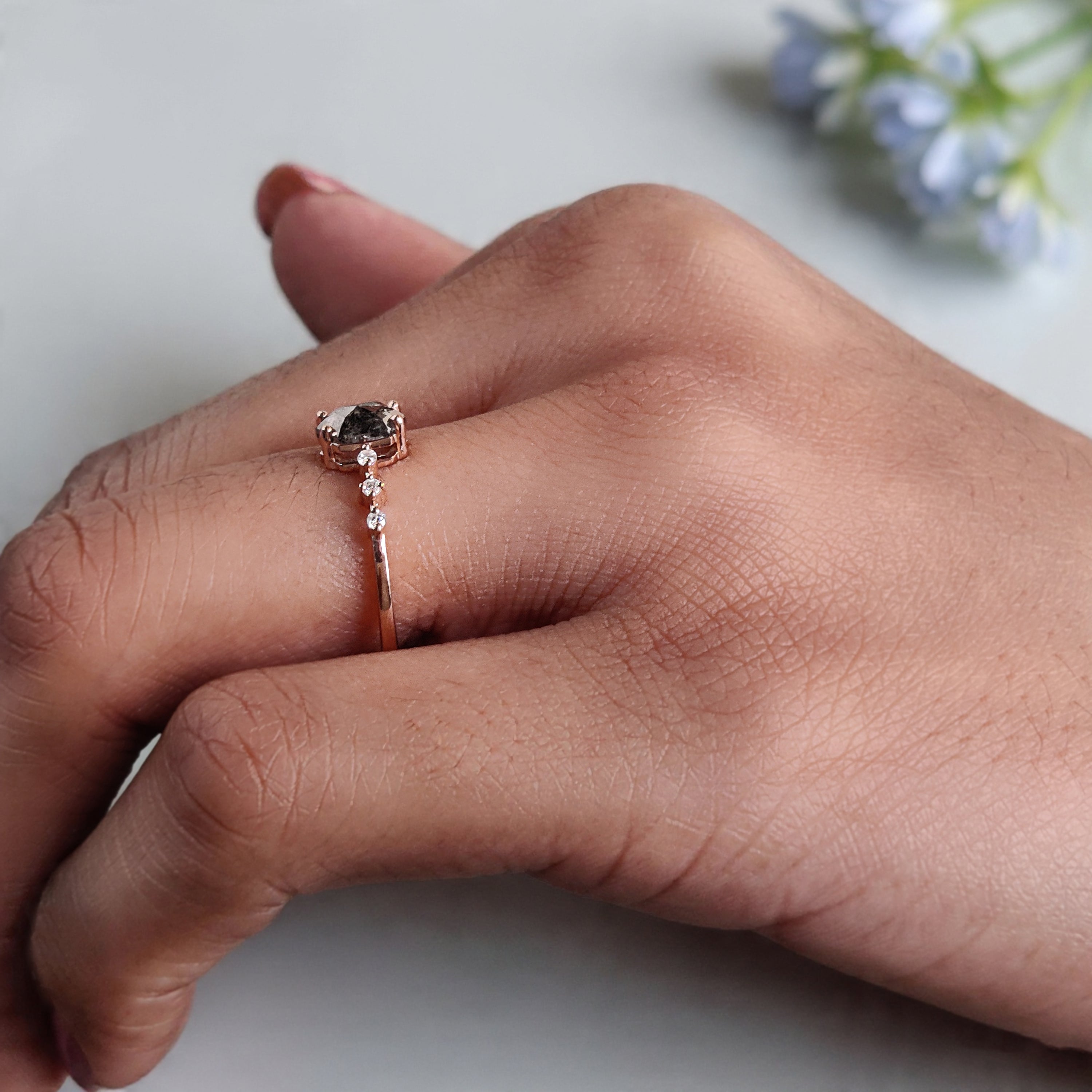 Hexagon Cut Salt And Pepper Diamond Ring 0.48 Ct 6.38 MM Hexagon Cut Diamond Ring 14K Rose Gold Silver Engagement Ring Gift For Her KDL2472