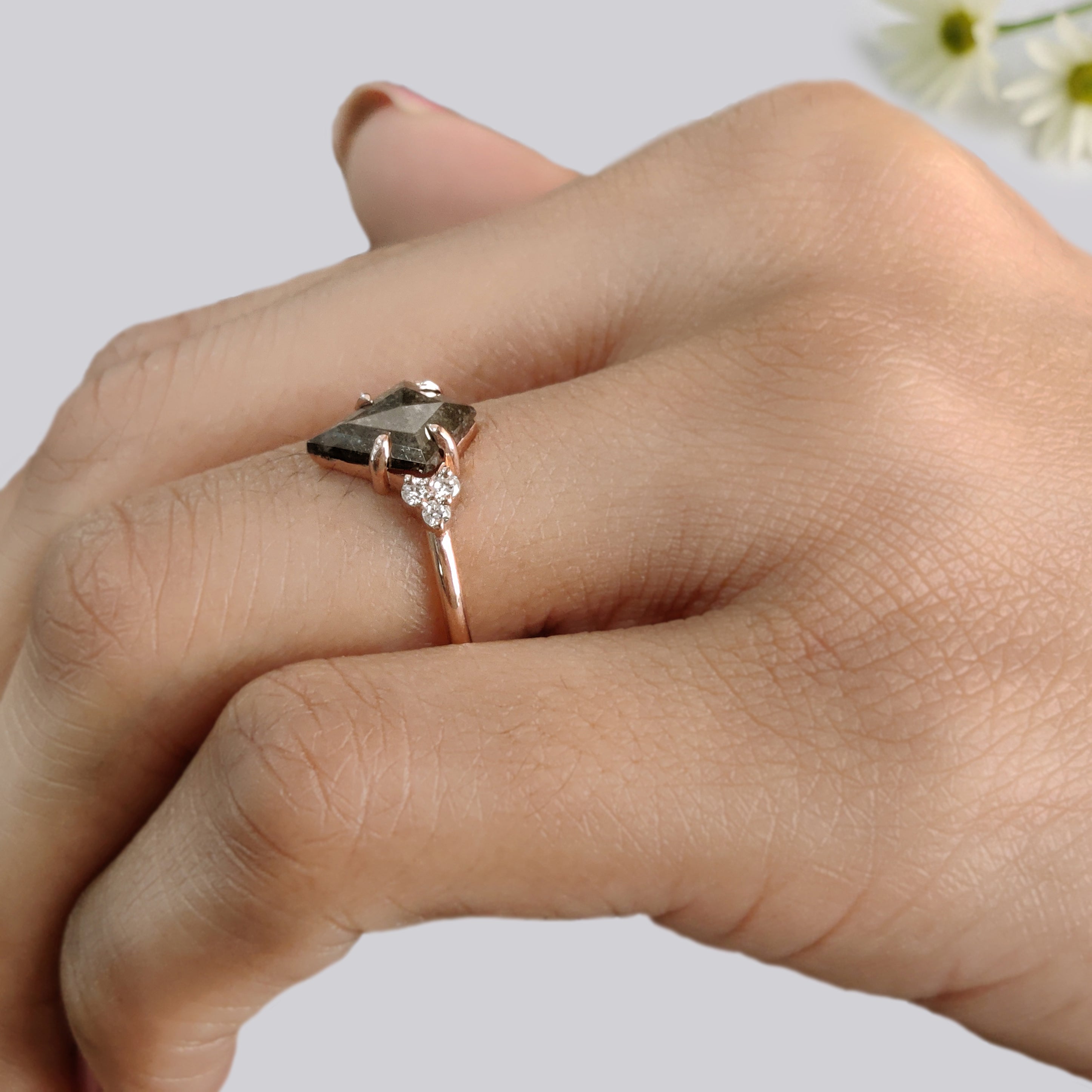 Kite Cut Salt And Pepper Diamond Ring 1.06 Ct 10.04 MM Kite Diamond Ring 14K Solid Rose Gold Silver Engagement Ring Gift For Her KDL3411