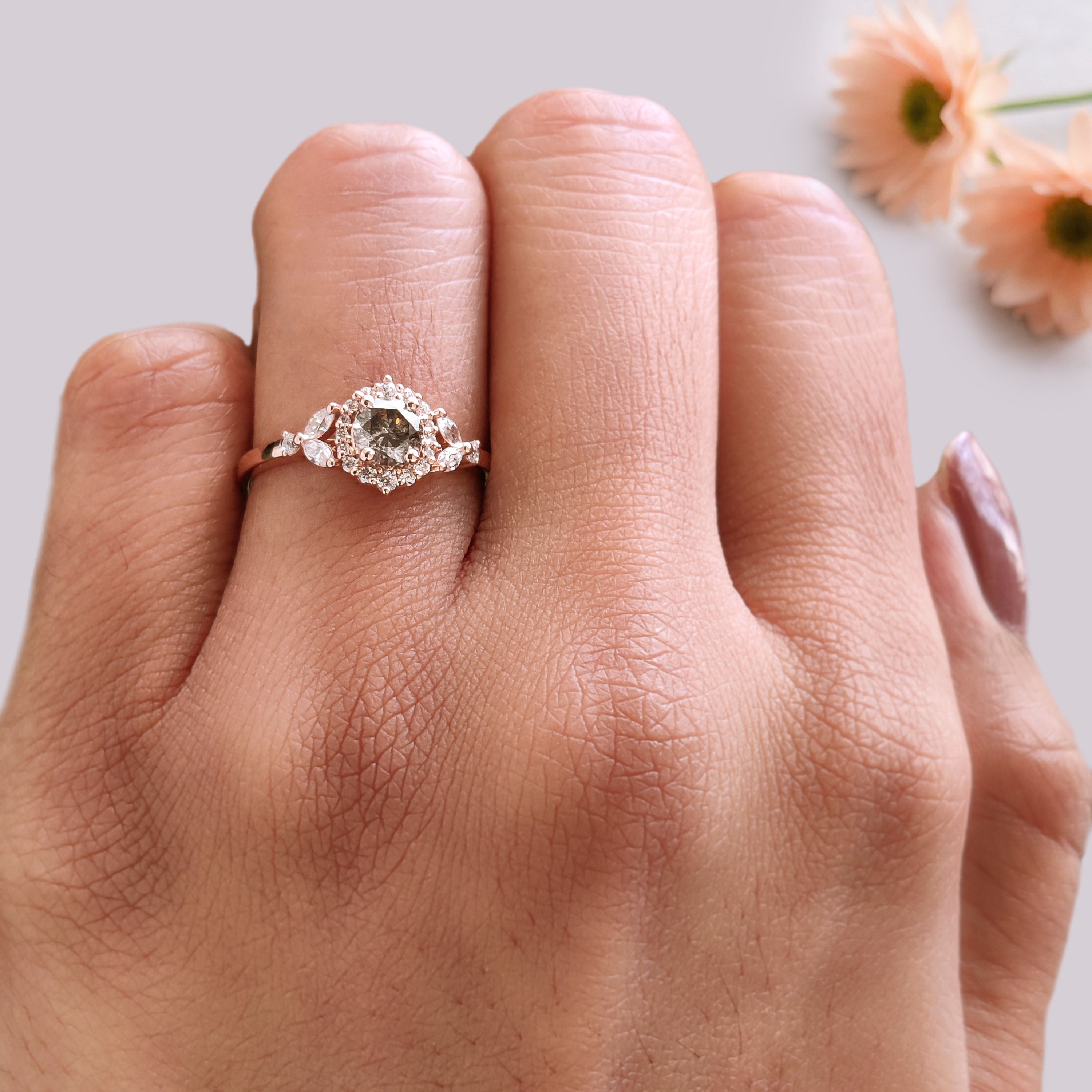 0.45 Ct Natural Round Shape Salt And Pepper Diamond Ring 4.80 MM Round Cut Diamond Ring 14K Solid Rose Gold Silver Engagement Ring KDN810