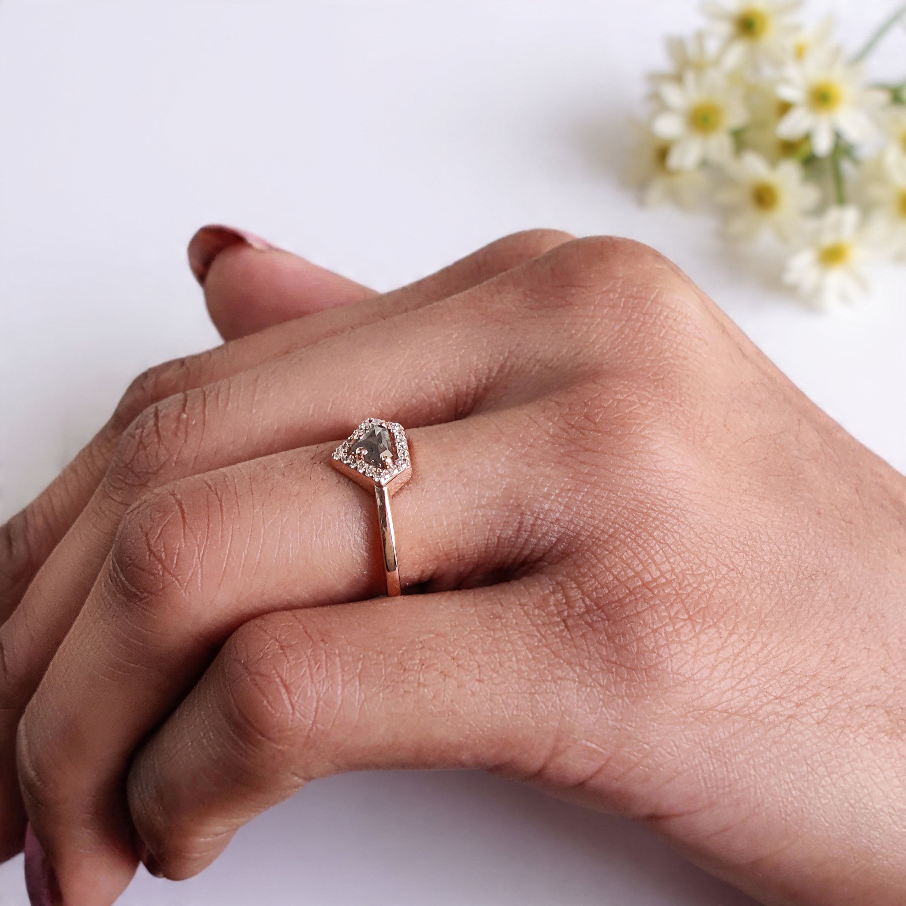 Shield salt and pepper Diamond Ring, Salt and pepper Shield Diamond Engagement Ring, Shield Diamond Ring, Halo Ring, Shield Ring, KD1122