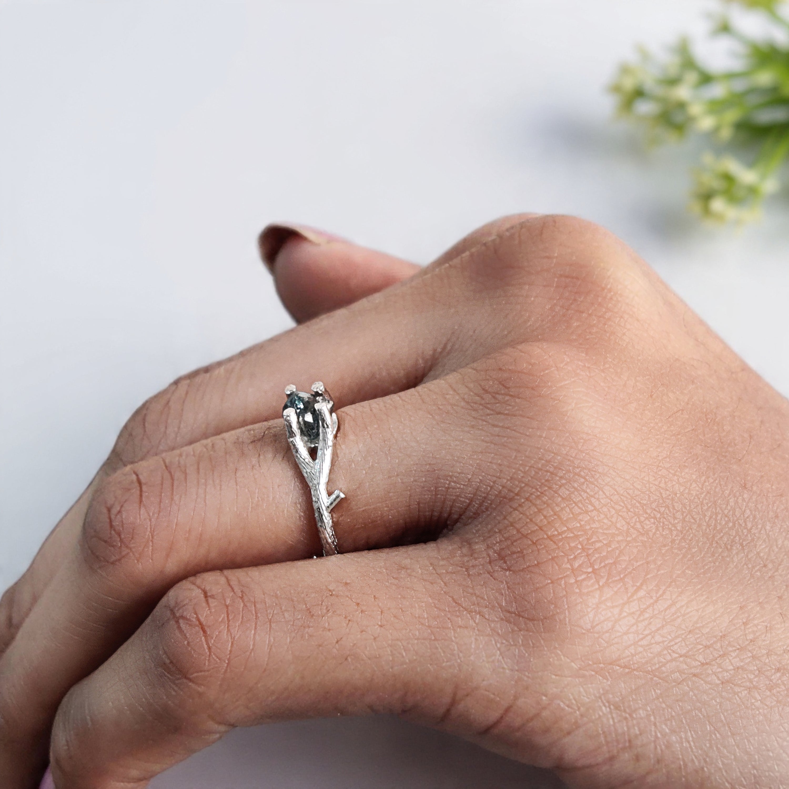 Rough Blue Color Diamond Ring 0.94 Ct 5.73 MM Crystal Rough Diamond Ring 14K Solid White Gold Silver Engagement Ring Gift For Her QL2360