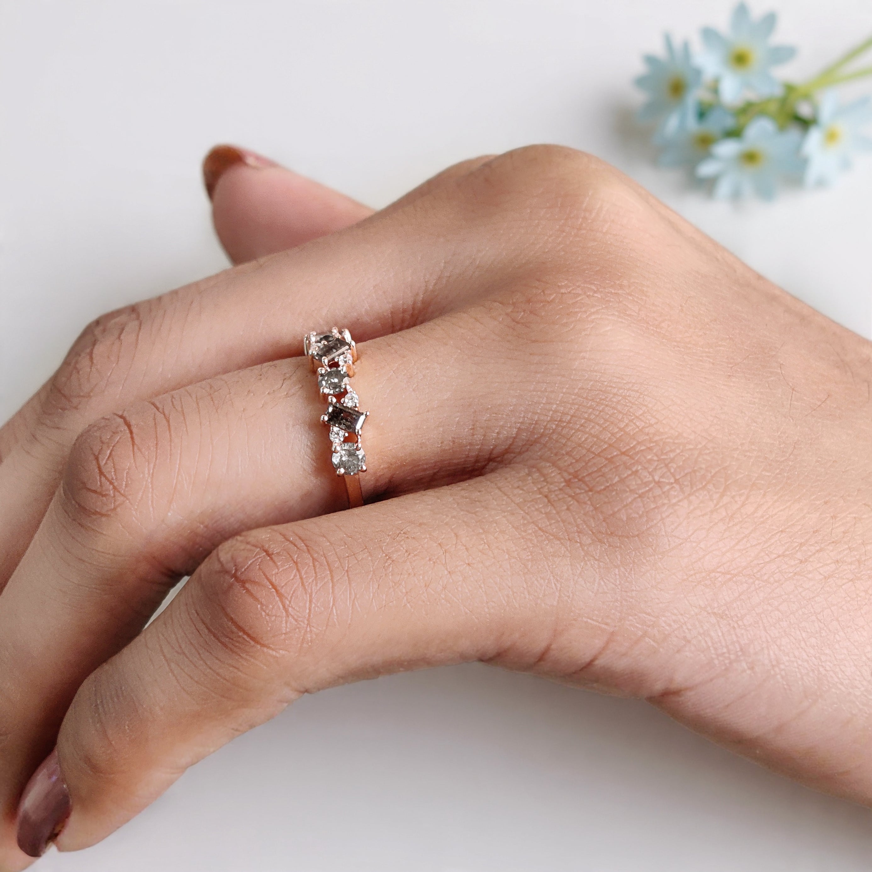 Round & Baguette Salt and Pepper Diamond Band, Half Eternity Wedding Ring in Solid Gold or Silver, Unique Anniversary Gift for Her FD549