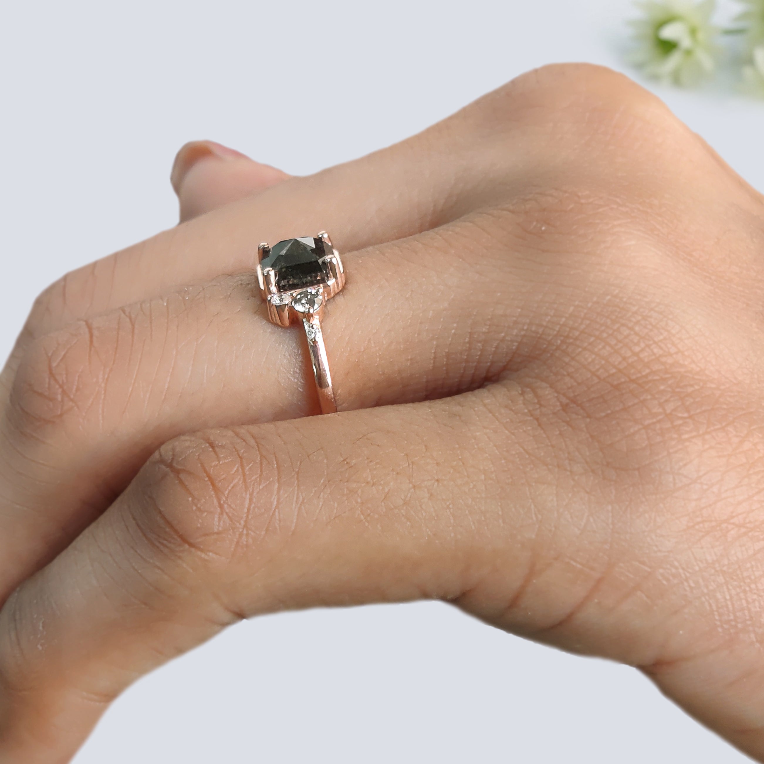 Emerald Shape Salt and Pepper Diamond Ring, Rose Gold Engagement Ring, Unique Bridal Ring, Minimalist Promise Ring Gift for Her KDK1942