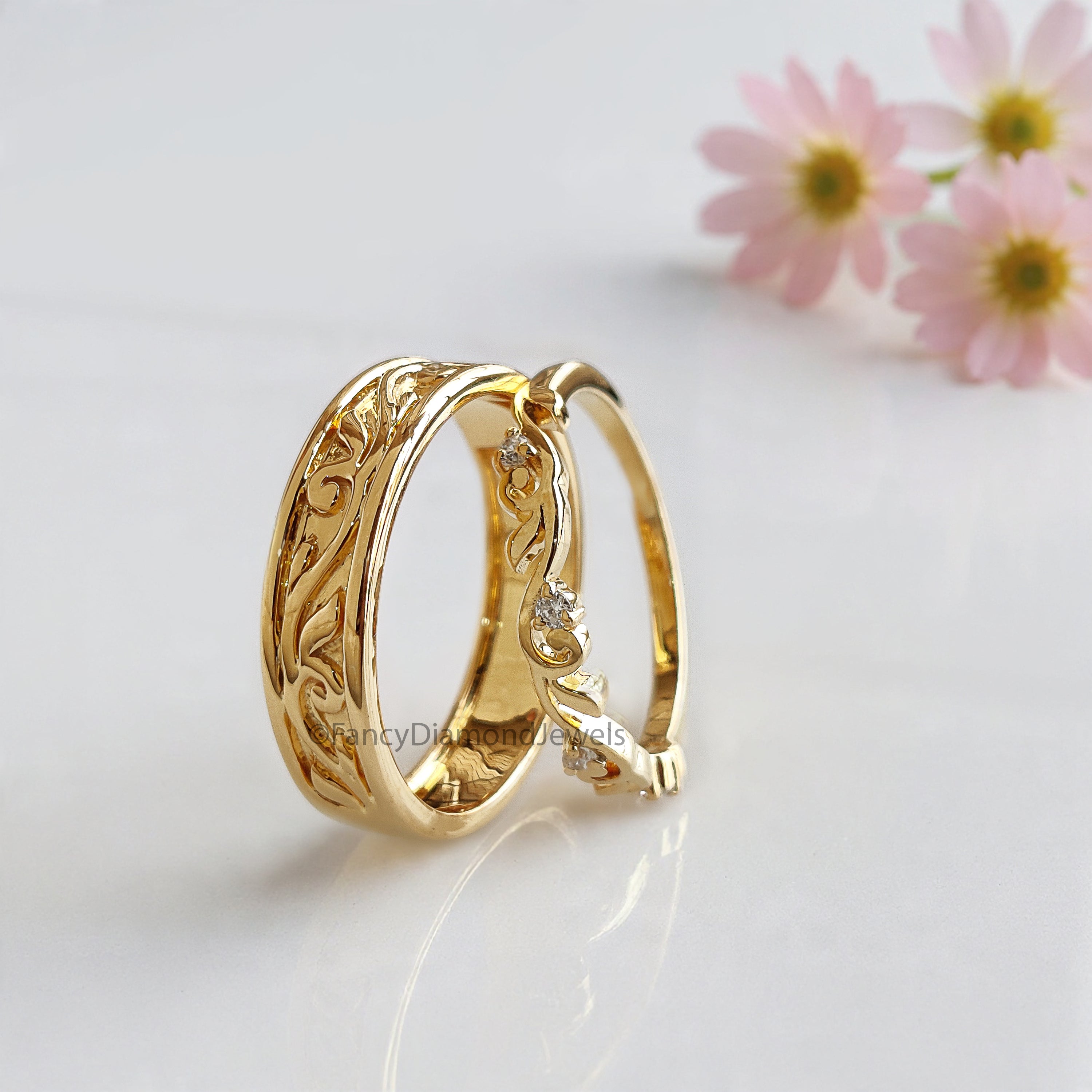 Elegant Silver Wedding Ring Set with Sparkling Diamonds for Couples Wedding Band Set Natural Style Flower & Leaf Wedding Ring Set FD524