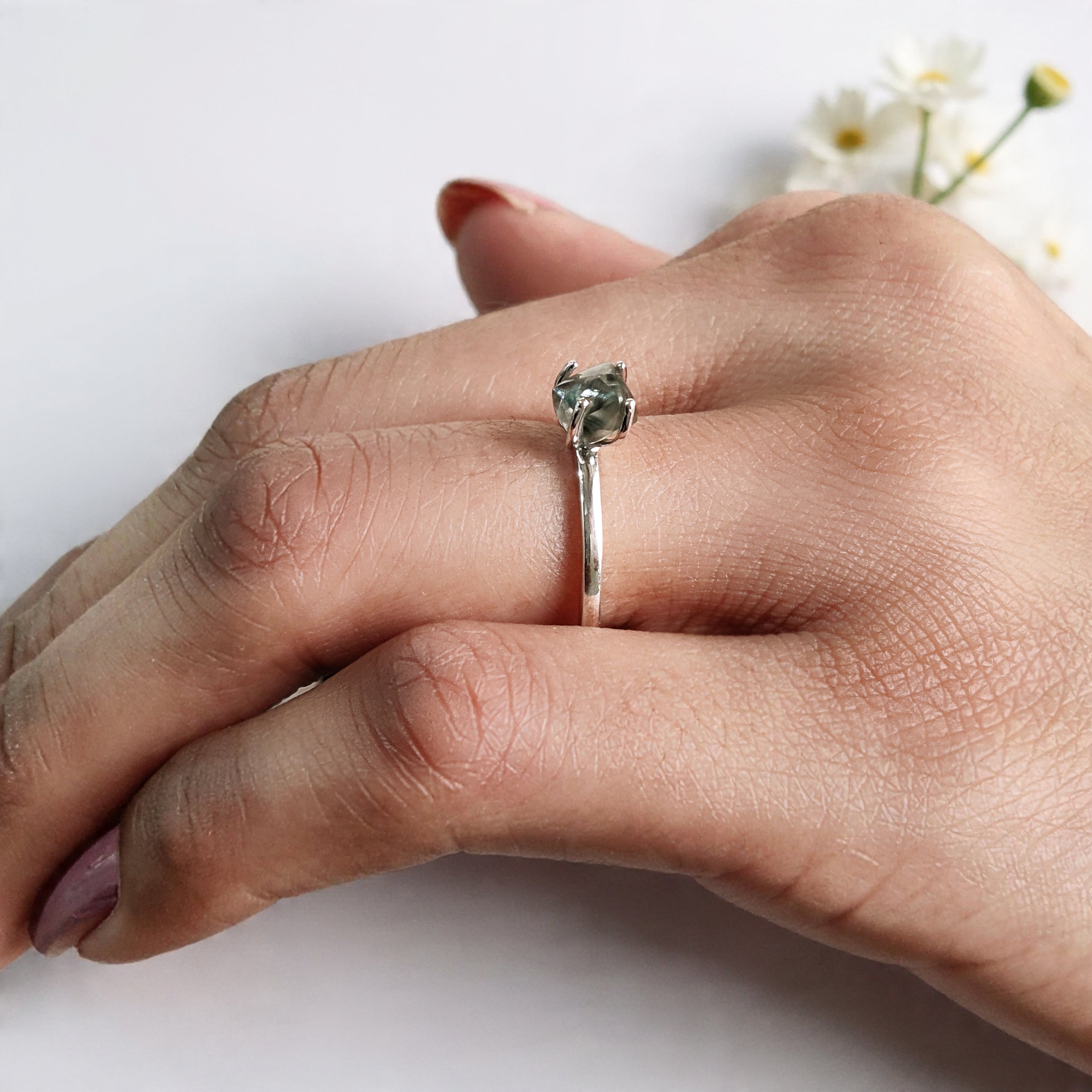 Rough Cut Blue Color Diamond Ring 1.35 Ct 6.40 MM Crystal Rough Diamond Ring 14K Solid White Gold Silver Engagement Ring Gift For Her QL2350