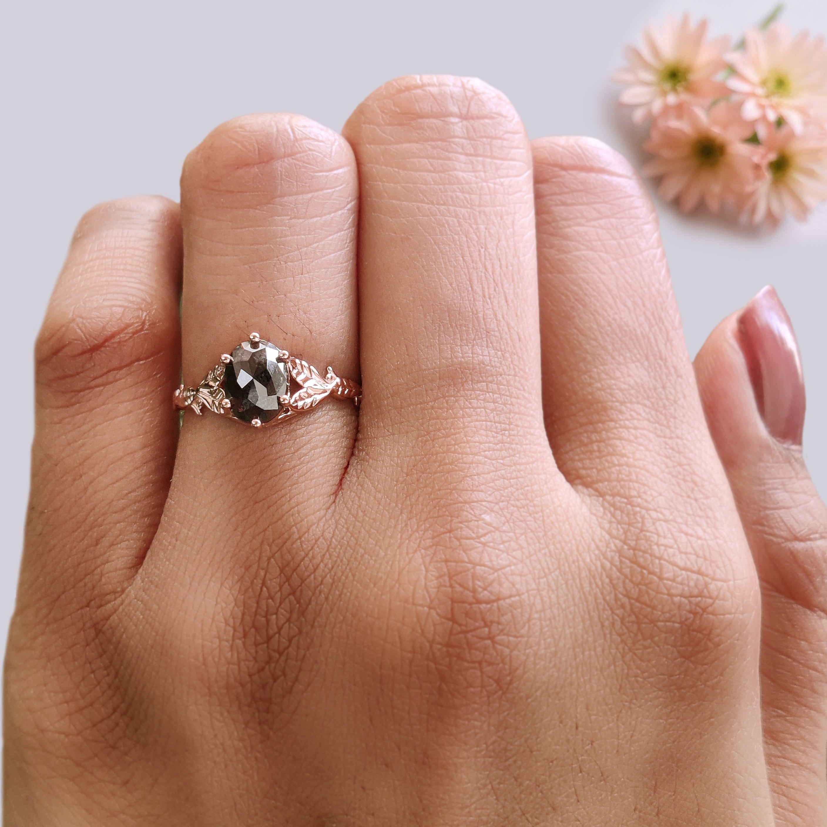 Oval Salt and Pepper Diamond Engagement Ring, 14K Rose Gold Oval Diamond Ring, Rustic Leaf Band, Unique Bridal Ring, Gift for Her KDN1313