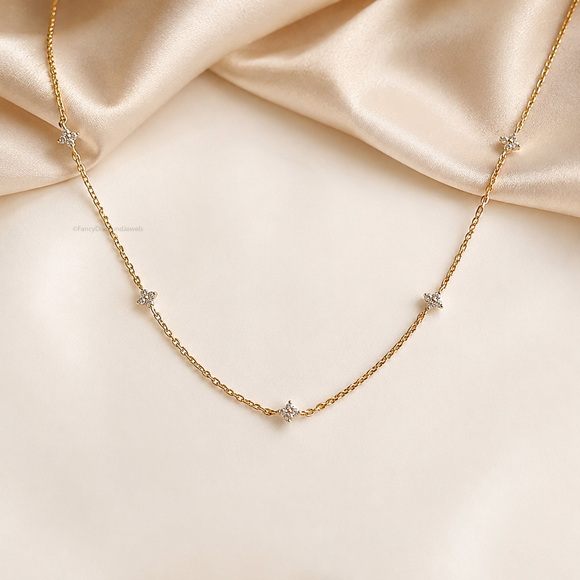 18K Gold Attached Diamond Station Necklace | Four Leaf Clover Star Necklace | Dainty or Large Diamond Chain | Everyday Fine Jewelry FD569