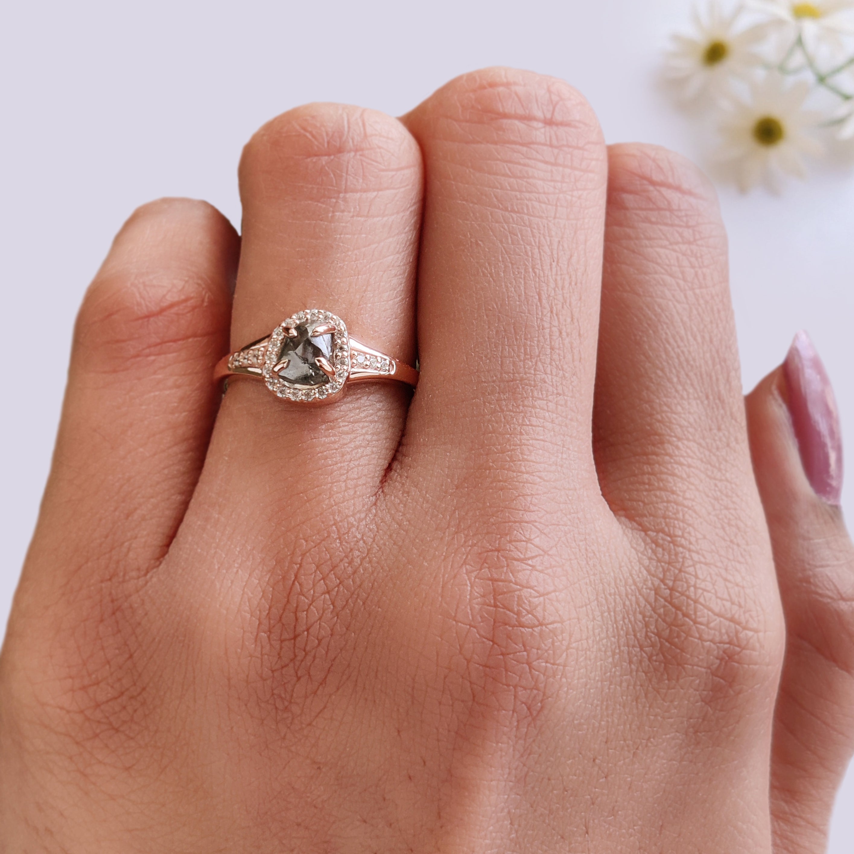 Rough Blue Color Diamond Ring 1.12 Ct 6.12 MM Crystal Rough Diamond Ring 14K Solid Rose Gold Silver Engagement Ring Gift For Her QL2319