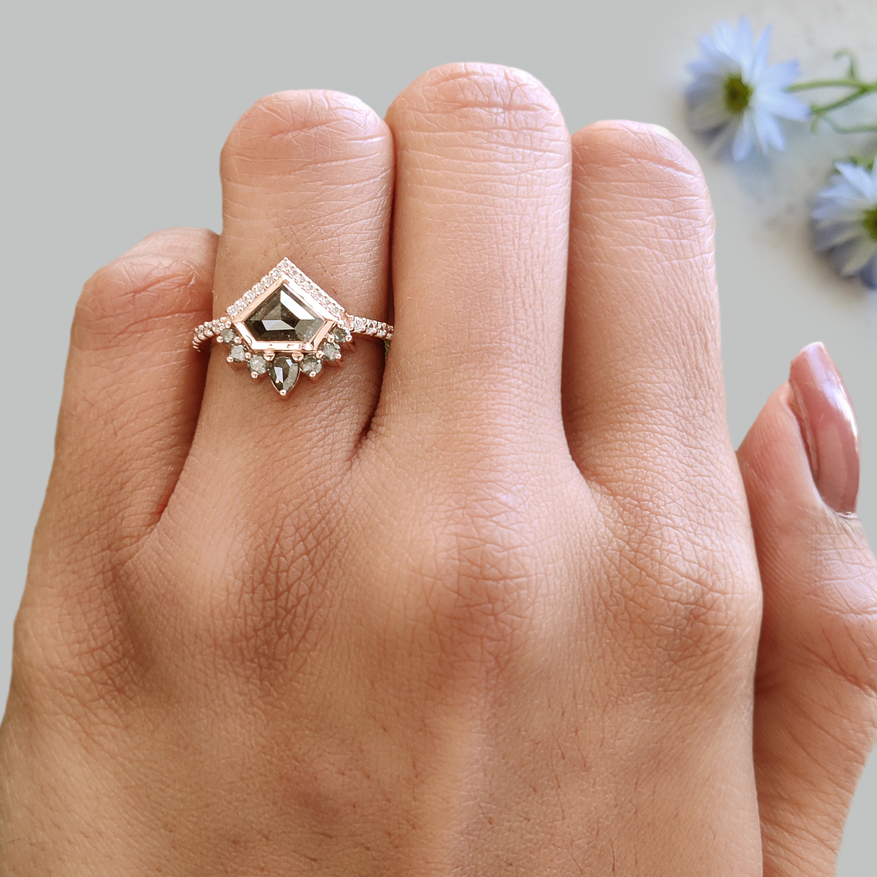 0.90 Ct Natural Shield Shape Salt And Pepper Diamond Ring 5.55 MM Shield Cut Diamond Ring 14K Solid Rose Gold Silver Engagement Ring KDN767