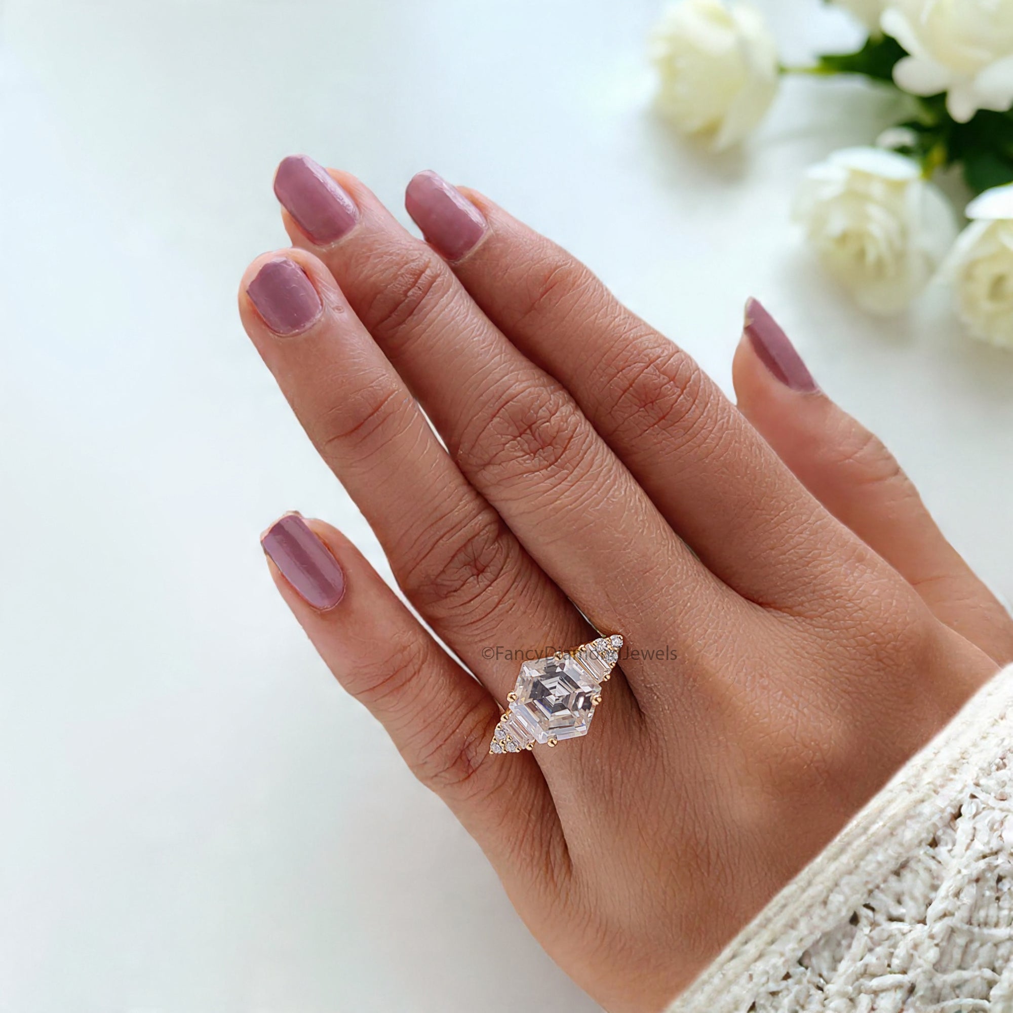 3.00 CT Antique Hexagon Moissanite Engagement Ring Baguette And Round Ring Ring For Gifting Wedding Ring Anniversary Gift Ring Her FD170