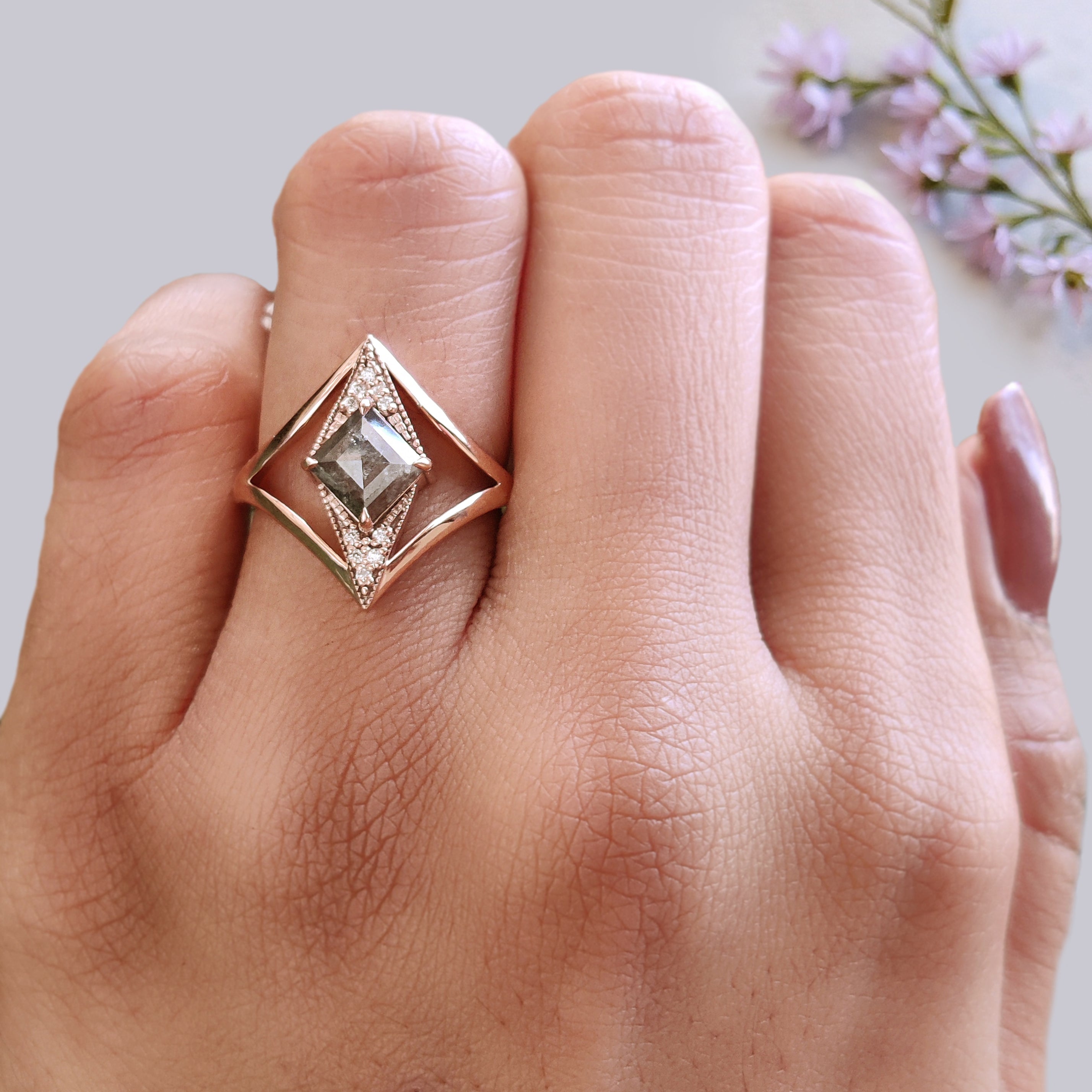 Kite Cut Salt And Pepper Diamond Ring 0.97 Ct 8.09 MM Kite Diamond Ring 14K Solid Rose Gold Silver Kite Engagement Ring Gift For Her QL2199