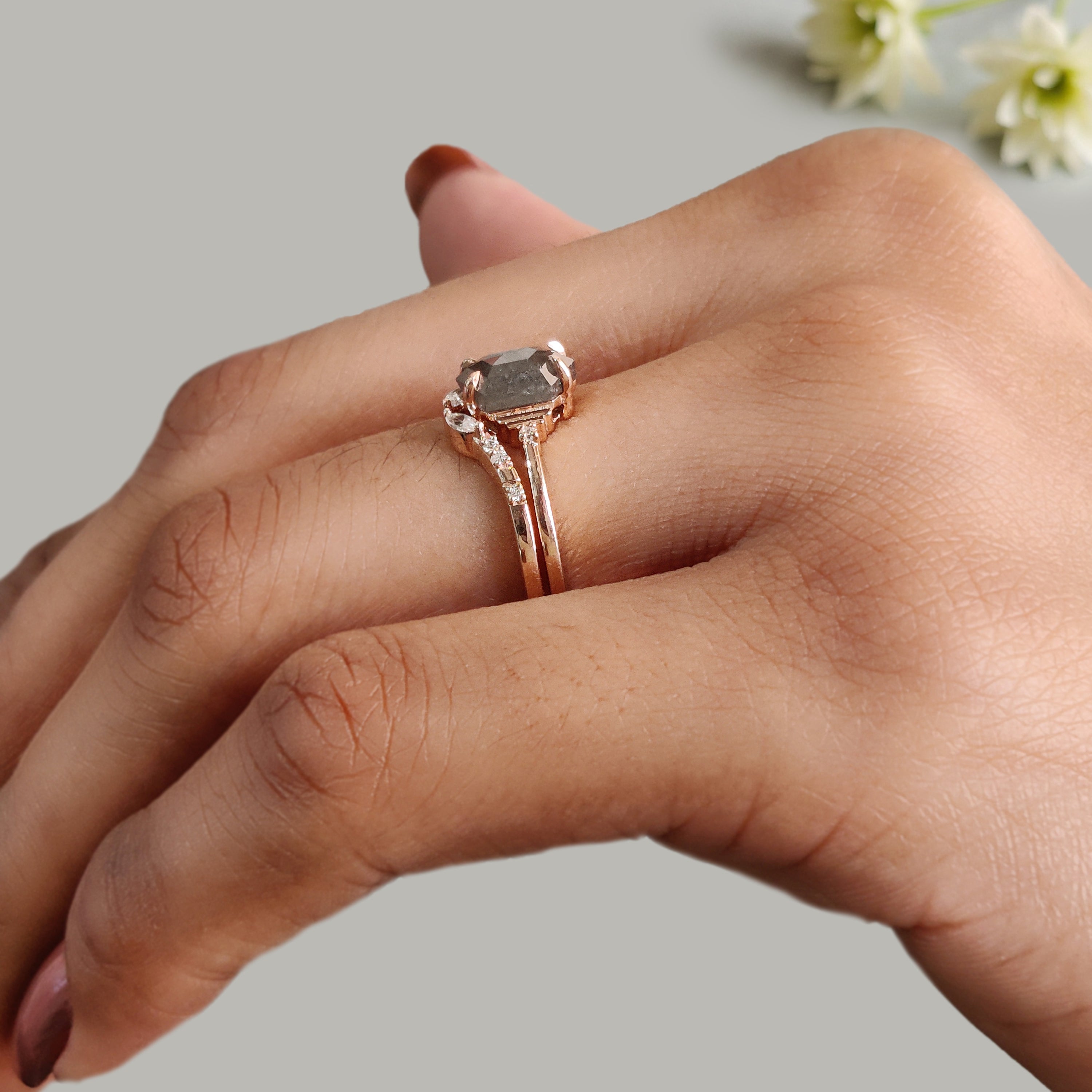 1.06 Ct Natural Hexagon Salt And Pepper Diamond Ring 7.70 MM Hexagon Cut Diamond Ring 14K Solid Rose Gold Silver Engagement Ring Set KDN7118