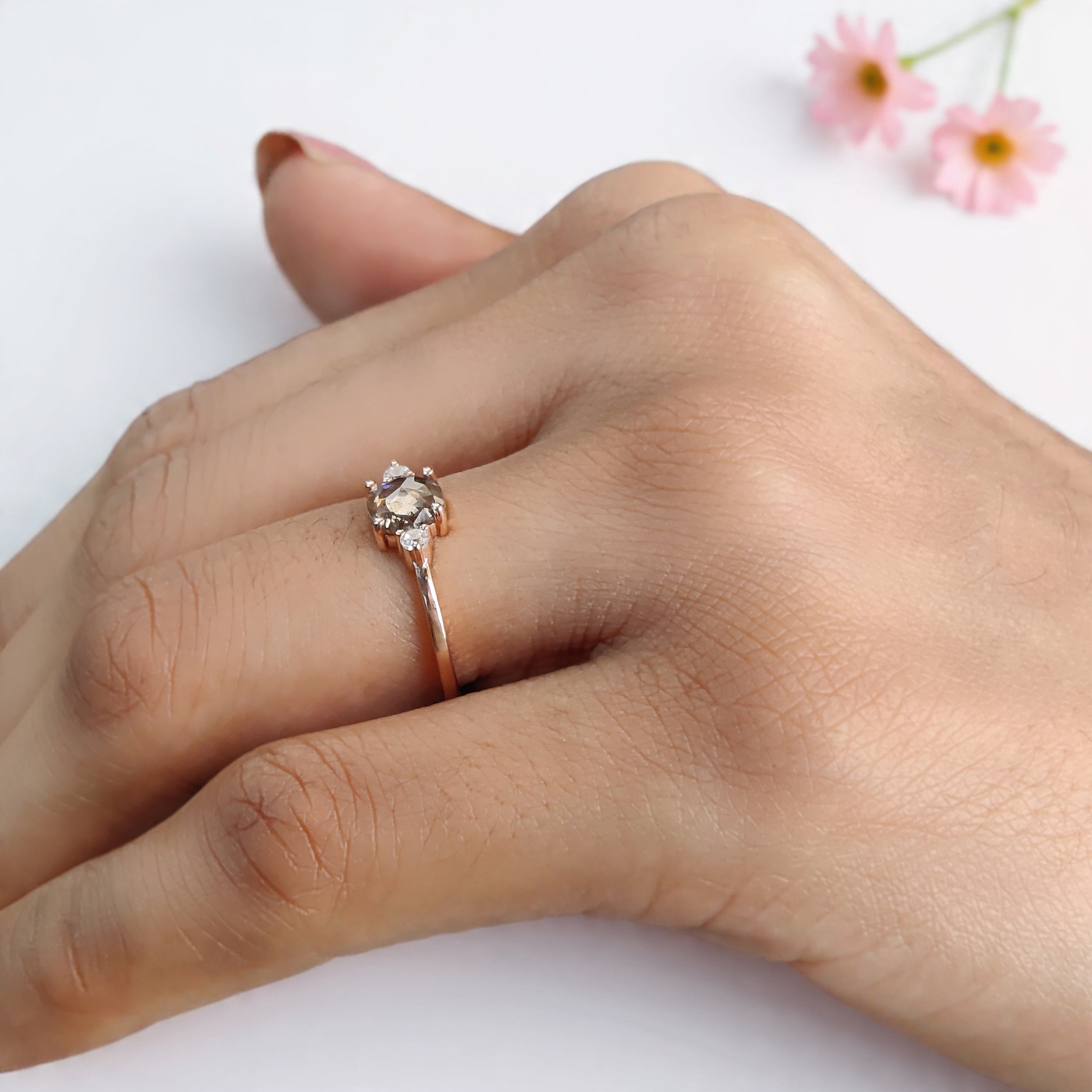 Cushion Cut Salt and Pepper Diamond Ring Natural Diamond Engagement Ring 14K Rose Gold Silver Rustic Unique Bridal Ring Gift for Her KDL533