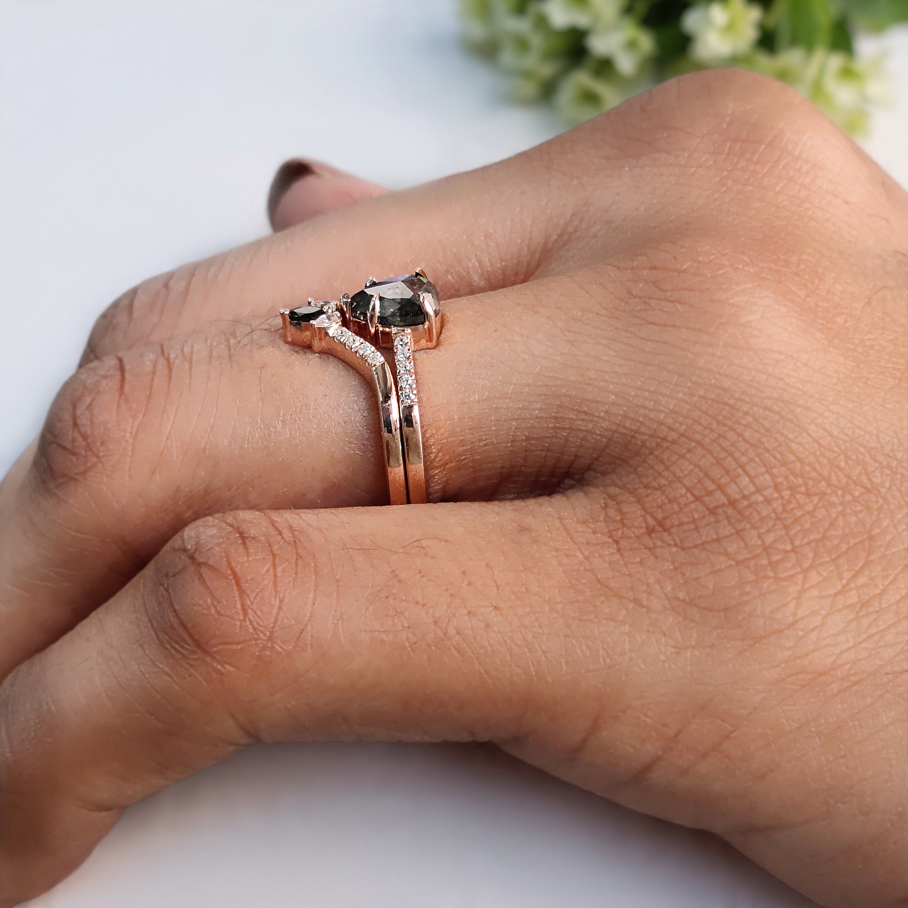 Pear Cut Salt and Pepper Diamond Ring, 14K Rose Gold Pear Engagement Ring, Bridal Set, Unique Pear Shaped Diamond Ring Gift for Her KDN2098