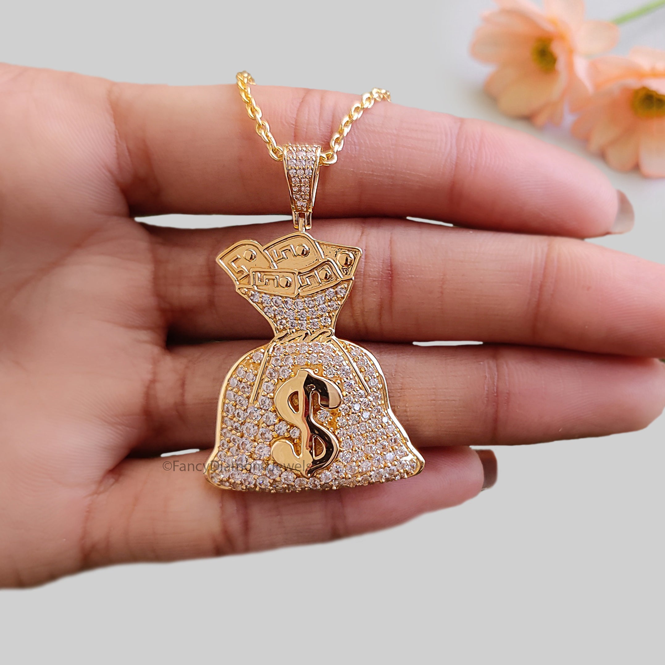 Iced Dollar Money Bag Pendant 925 Sterling Silver 2.00 CT Moissanite Diamond Hip Hop Pendant Statement Piece Men's Charm Pendant FD543