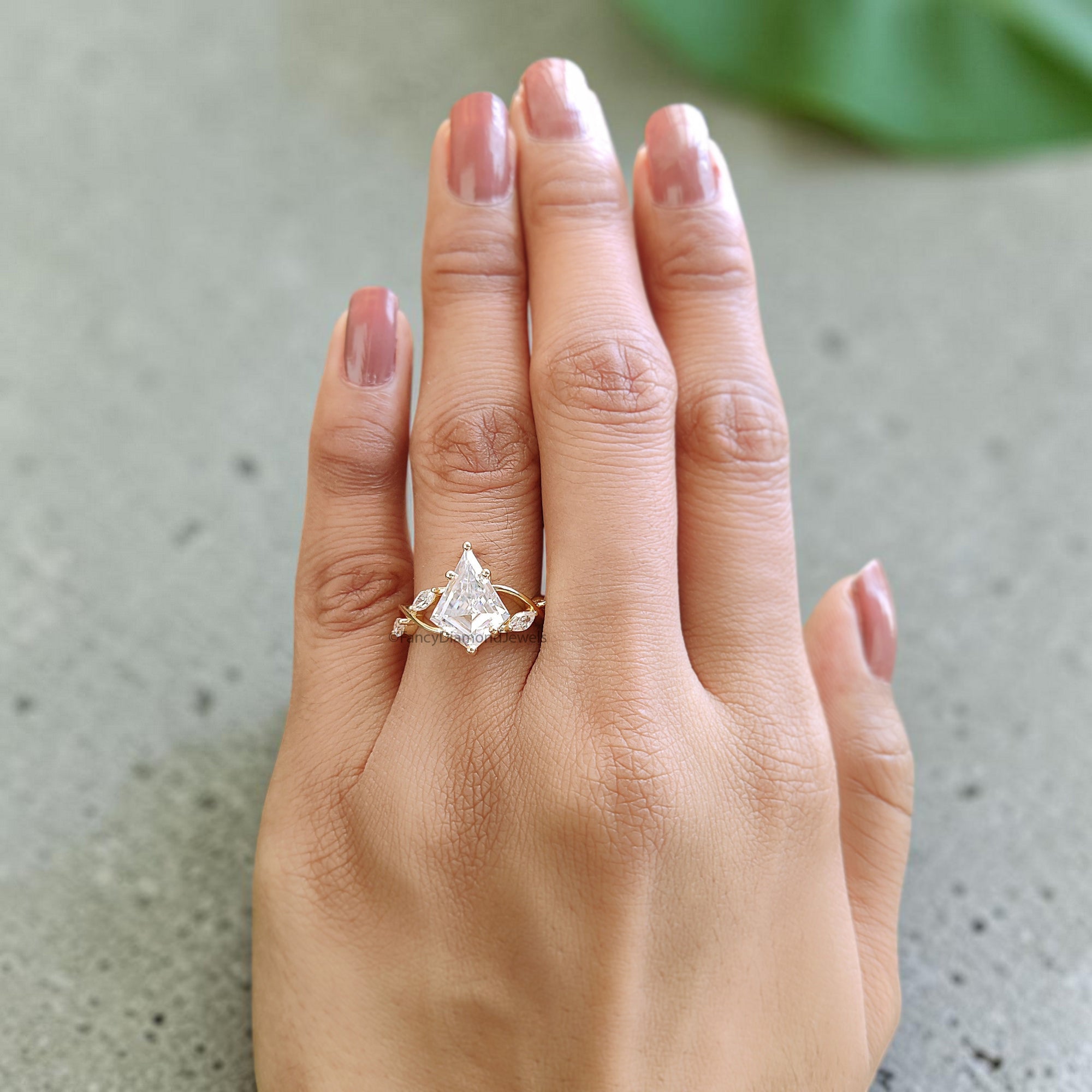Kite Moissanite Engagement Ring, 14K Yellow Gold Ring, Marquise Cluster Side Stones, Vintage Inspired Bridal Ring, Unique Wedding Ring FD550