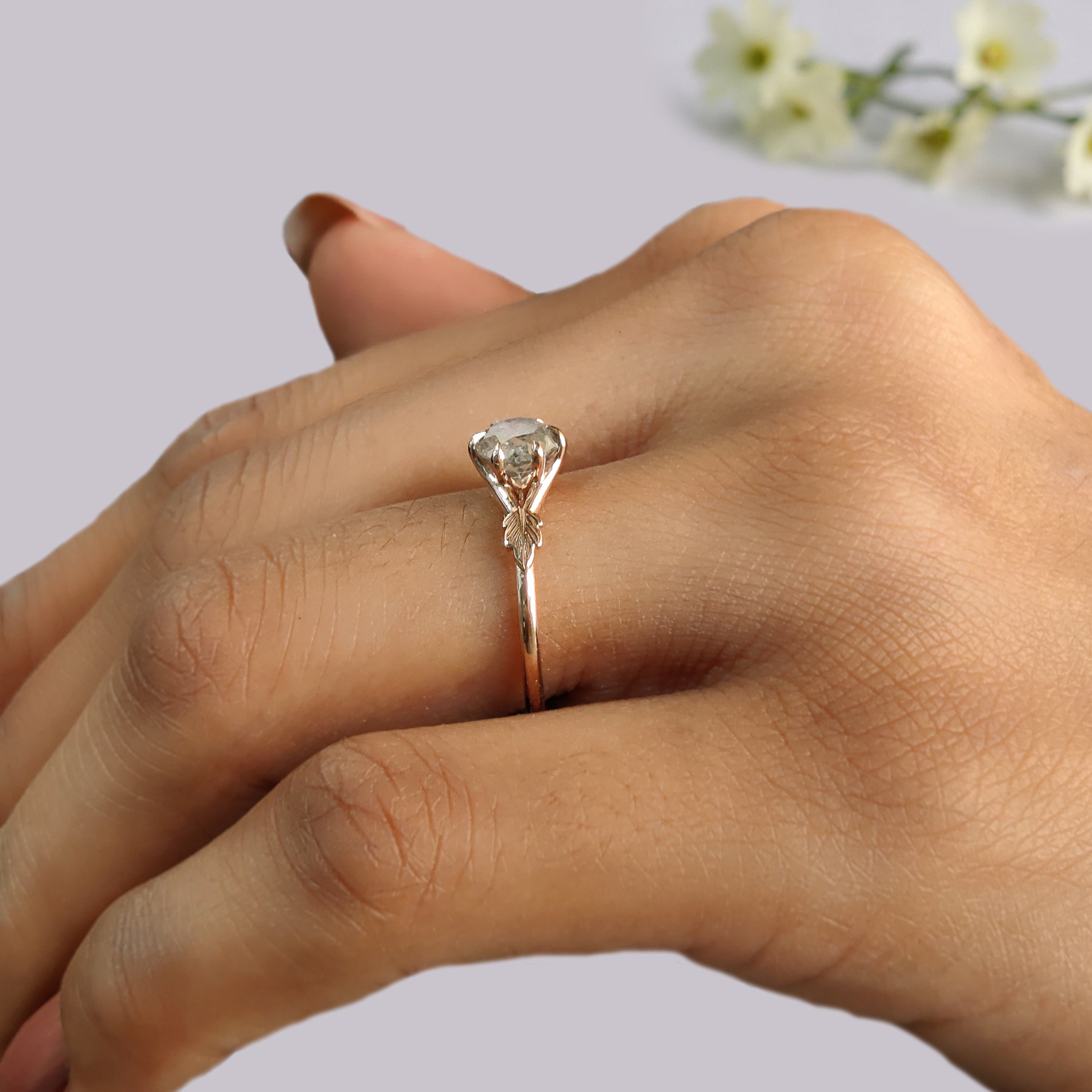 0.87 Ct Natural Round Shape Grey Color Diamond Ring 5.60 MM Round Cut Diamond Ring 14K Rose Gold Silver Engagement Ring Gift For Her KDN8944