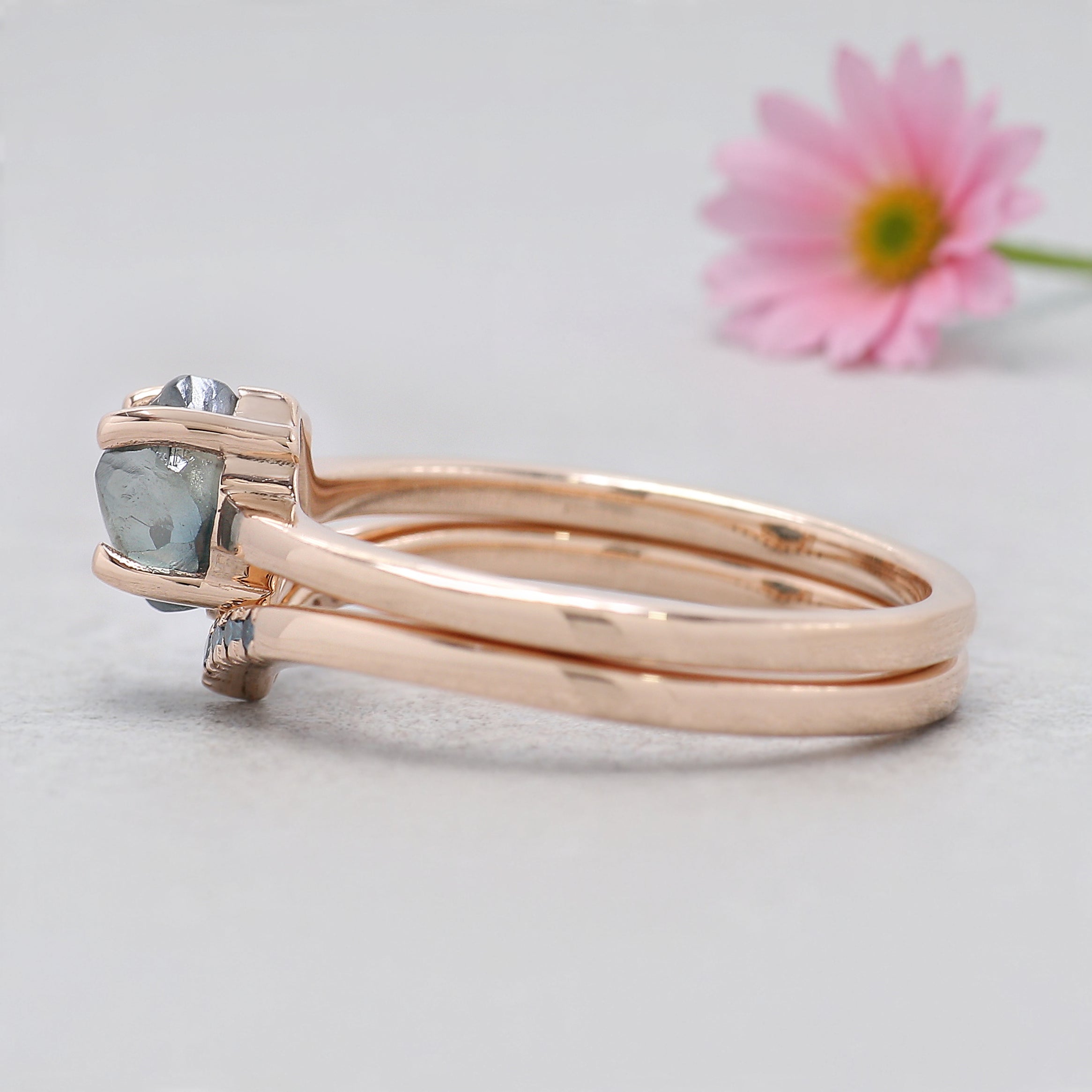 1.05 Ct Natural Rough Cut Blue Color Diamond Ring 6.30 MM Crystal Rough Diamond Ring 14K Solid Rose Gold Silver Engagement Ring QL2344