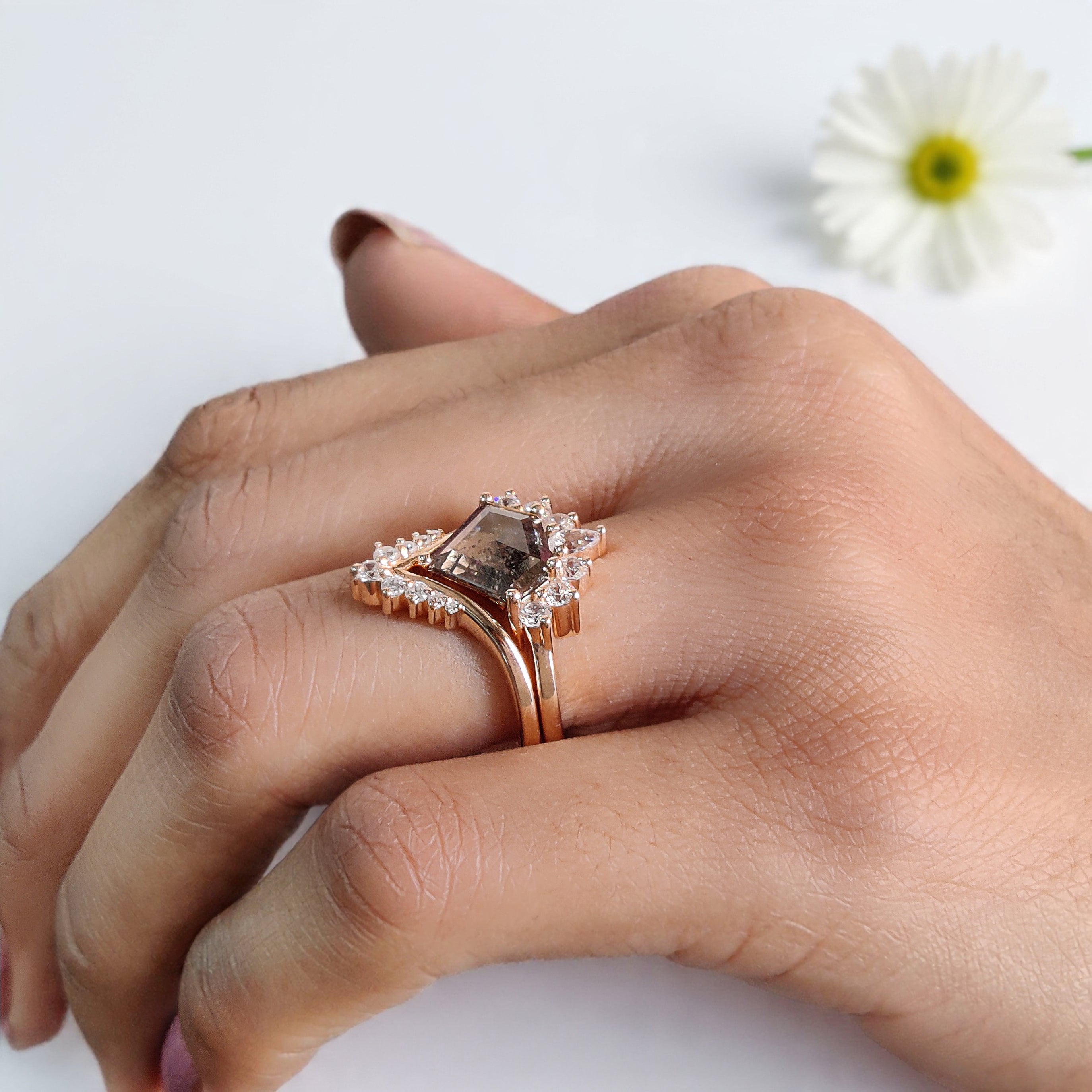 1.84 CT Shield Lab Grown Diamond Ring Shield Fancy Black Grey Salt And Pepper Diamond Ring Engagement Ring Bridal Wedding Ring Set KDL3515